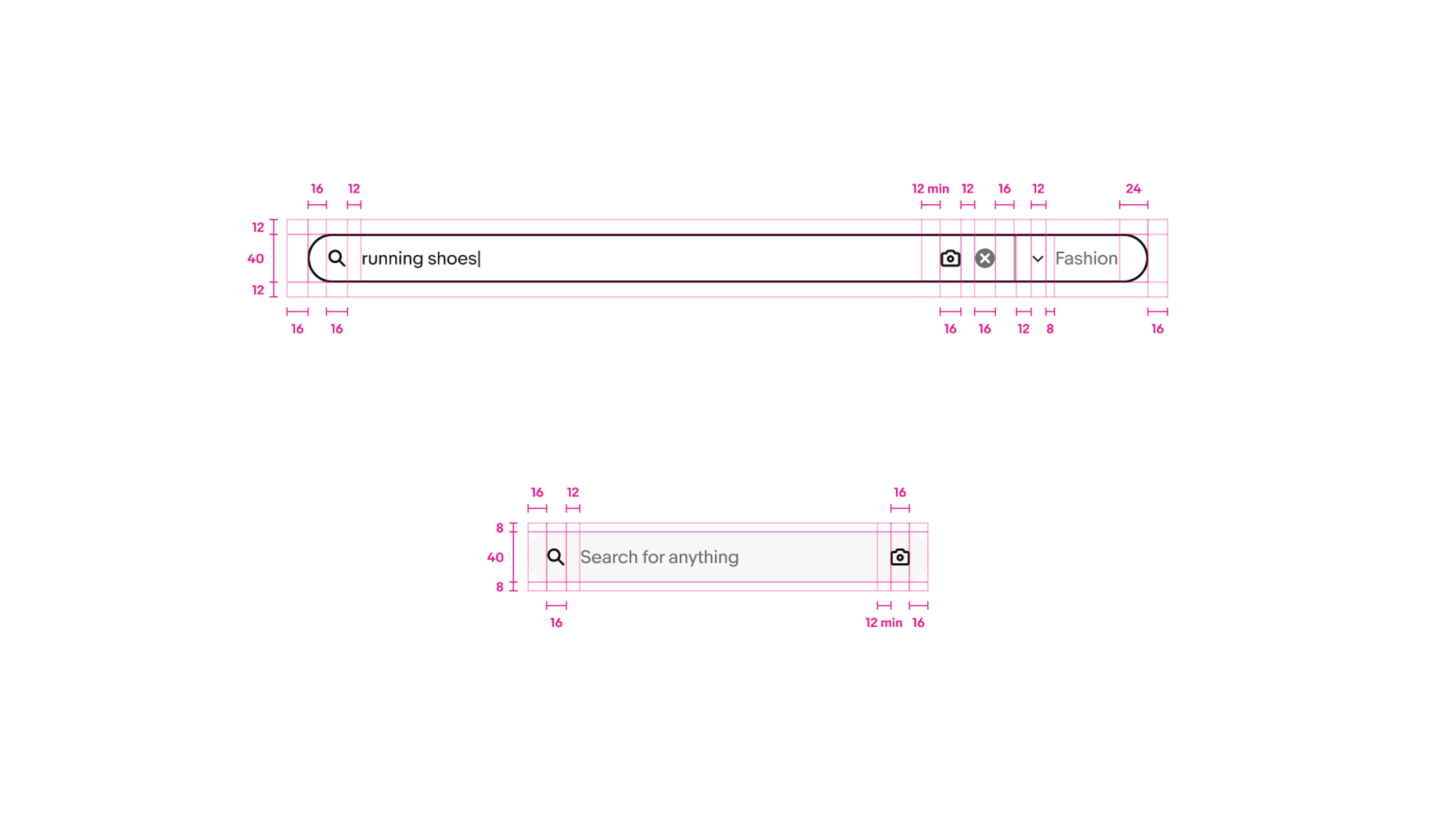 Specs for large and small search bars. The large bar is 40px tall with 16px on the left and 24px on the right. The leading icon is 16px with 12px between it and the query. There is a minimum of 12px between the query text and camera icon. The camera icon is 16px with 12px after it, followed by a 16px clear icon. 16px follows the clear icon with 12px between the divider line and a 12px chevron down icon. 8px is between the chevron and the category text. There is typically 16px on the left and right of the full search bar and 12px on the top and bottom. The small search bar matches the same specs but does not have the category and only has 16px on the right.