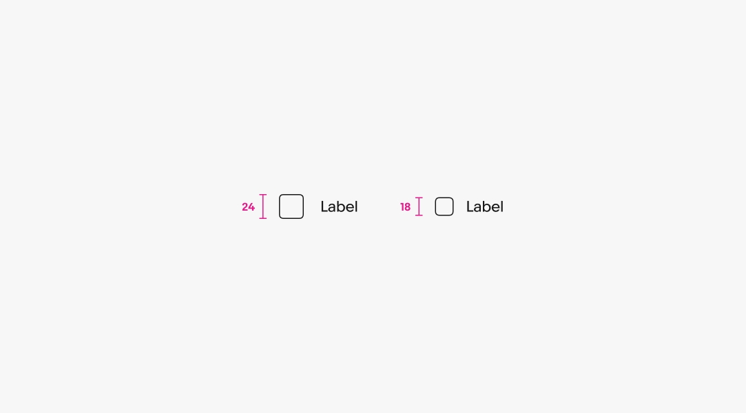 Two checkboxes: a Large checkbox with a 24px height sits to the left of a Small checkbox with a 18px height.