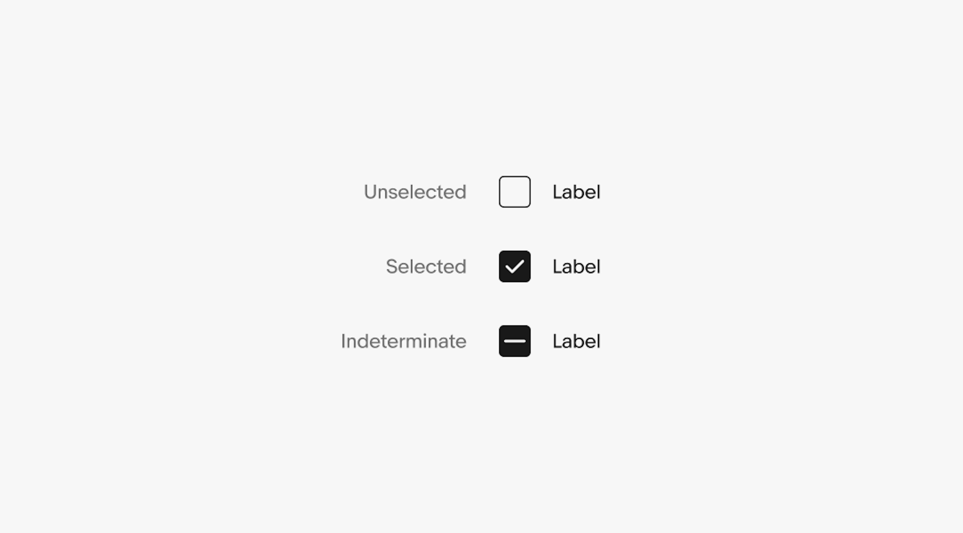 Three checkboxes: an unselected checkbox with a label, a selected checkbox with a label, and an indeterminate checkbox with a label.