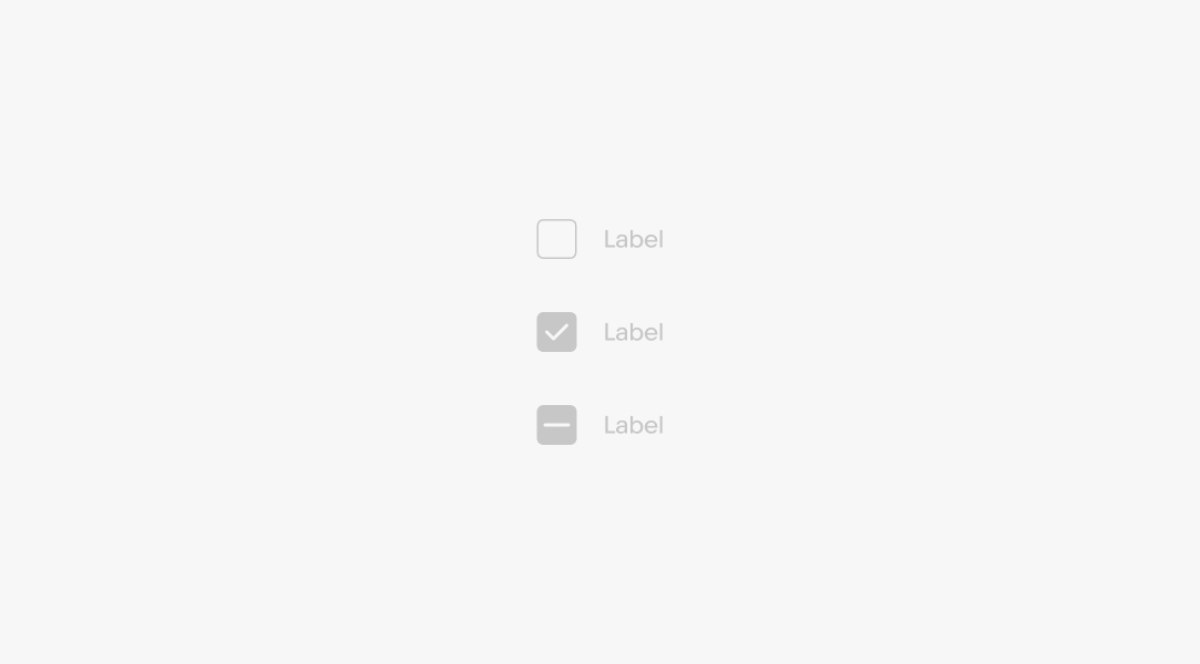 Three checkboxes: a disabled unselected checkbox with a label, a disabled selected checkbox with a label, and a disabled indeterminate checkbox with a label.