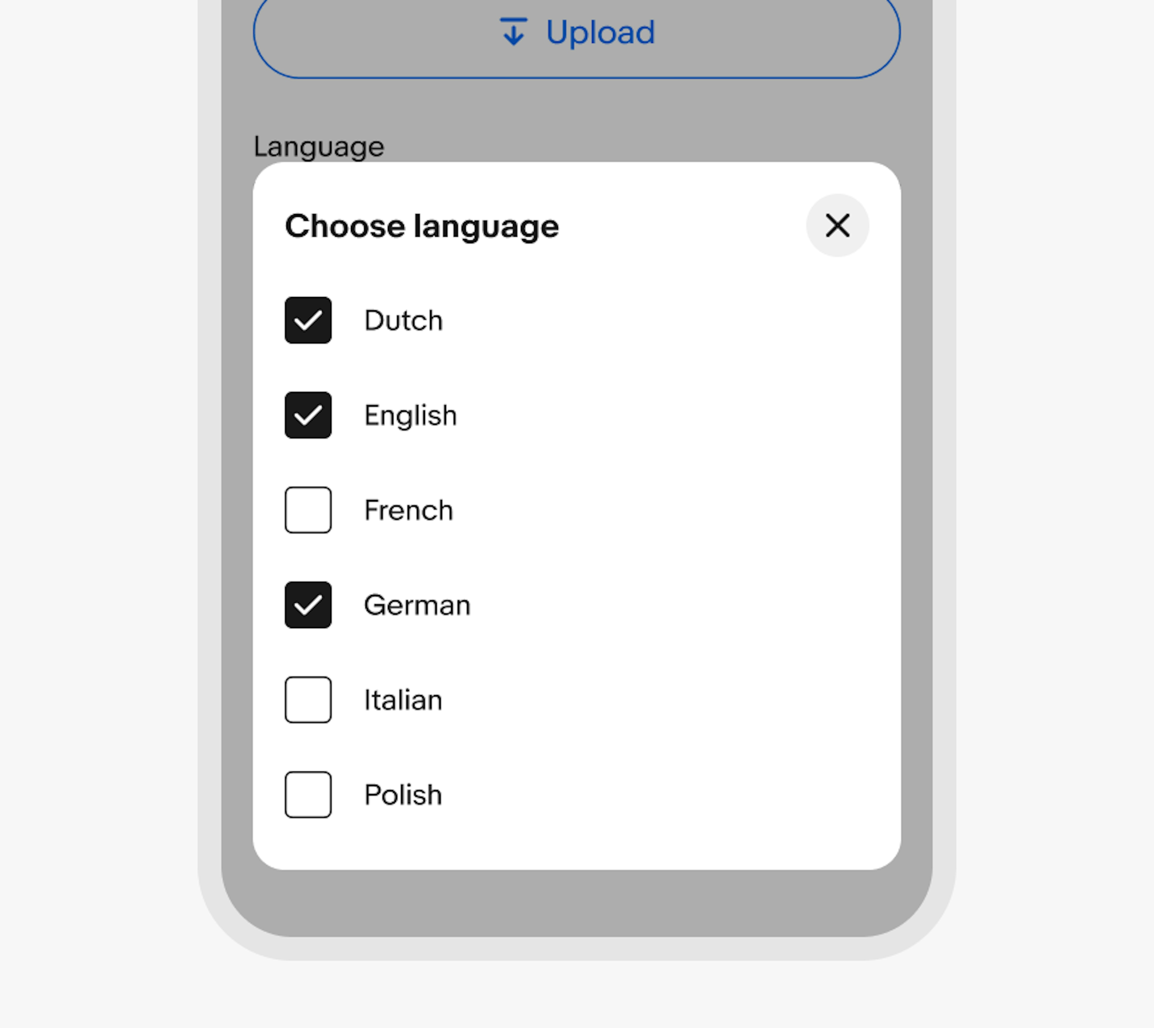 A checkbox list with the title ‘Choose language’ in a bottom sheet on mobile web.