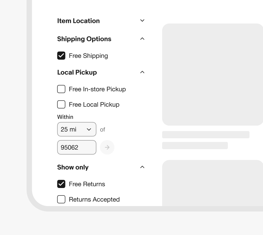 A selected ‘Free shipping’ checkbox under a ‘Shipping Options’ dropdown, and a selected ‘Free Returns’ and an unselected ‘Returns Accepted’ checkboxes under a ‘Show only’ dropdown on a side menu on Desktop.