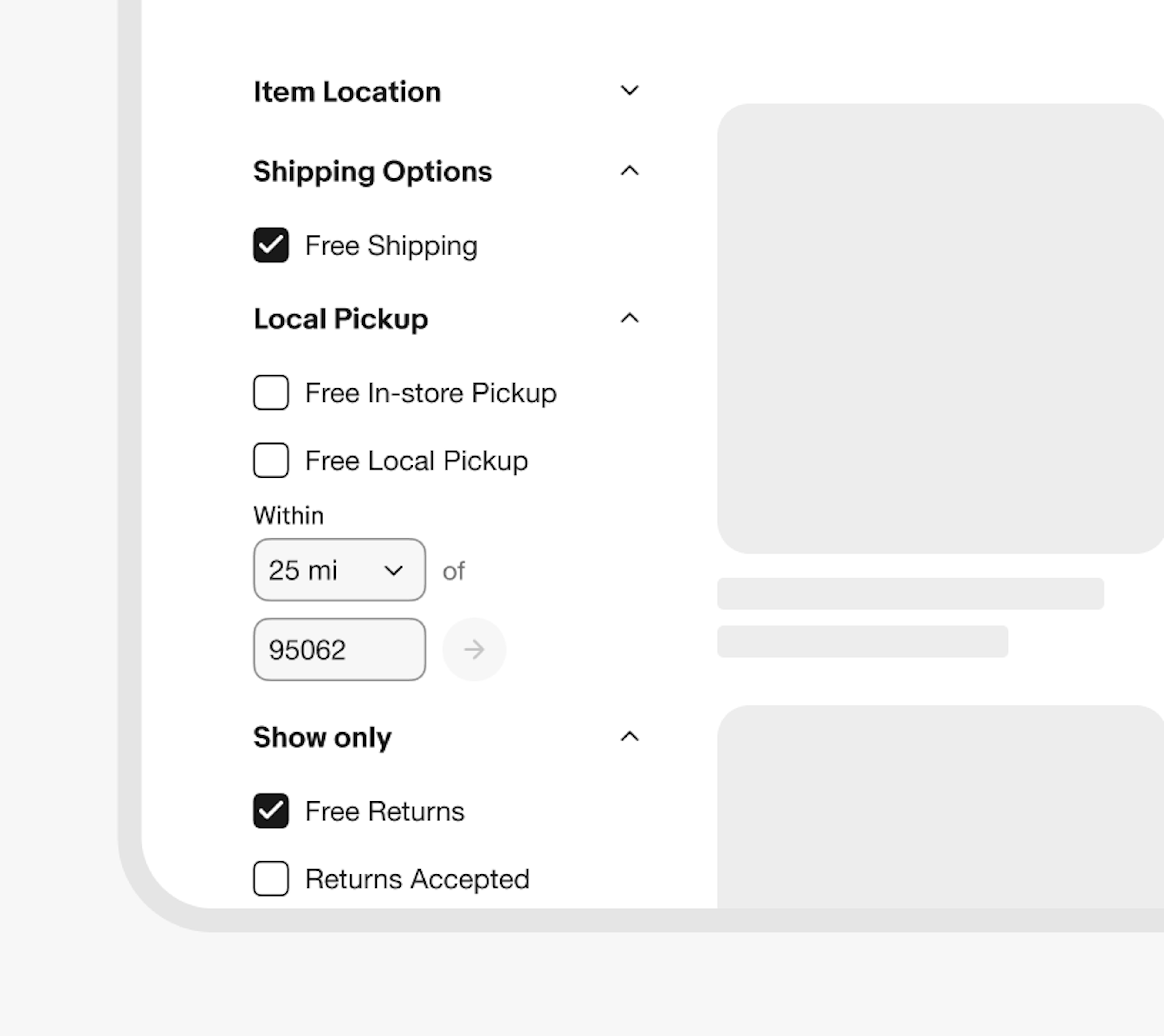 A selected ‘Free shipping’ checkbox under a ‘Shipping Options’ dropdown, and a selected ‘Free Returns’ and an unselected ‘Returns Accepted’ checkboxes under a ‘Show only’ dropdown on a side menu on Desktop.