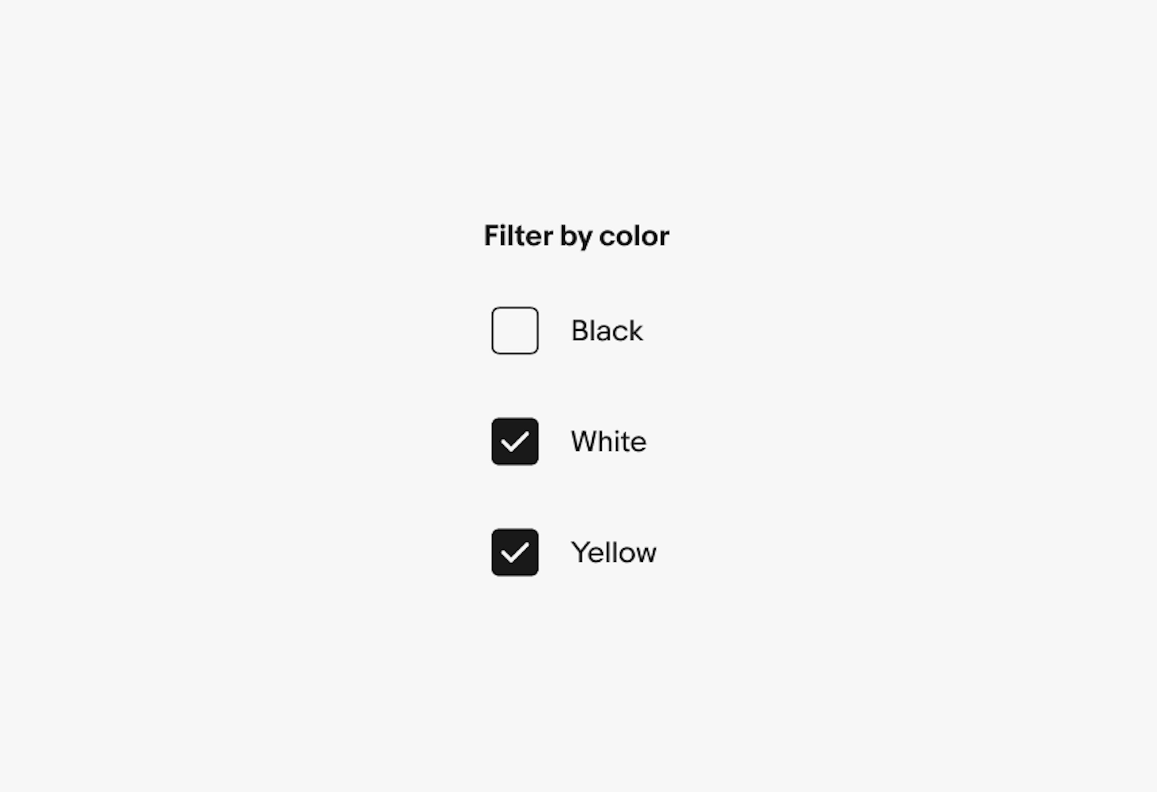 A ‘Filter by color’ checkbox list with three options: Black, White, and Yellow. The White and Yellow boxes are selected.