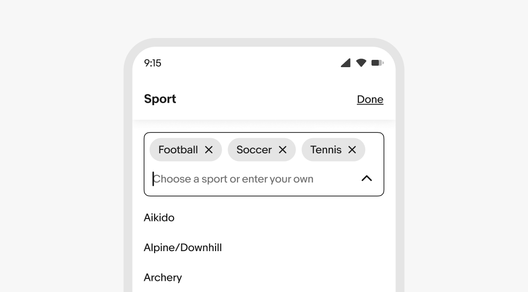 A fullscreen mobile overlay of a popover list in a combobox.