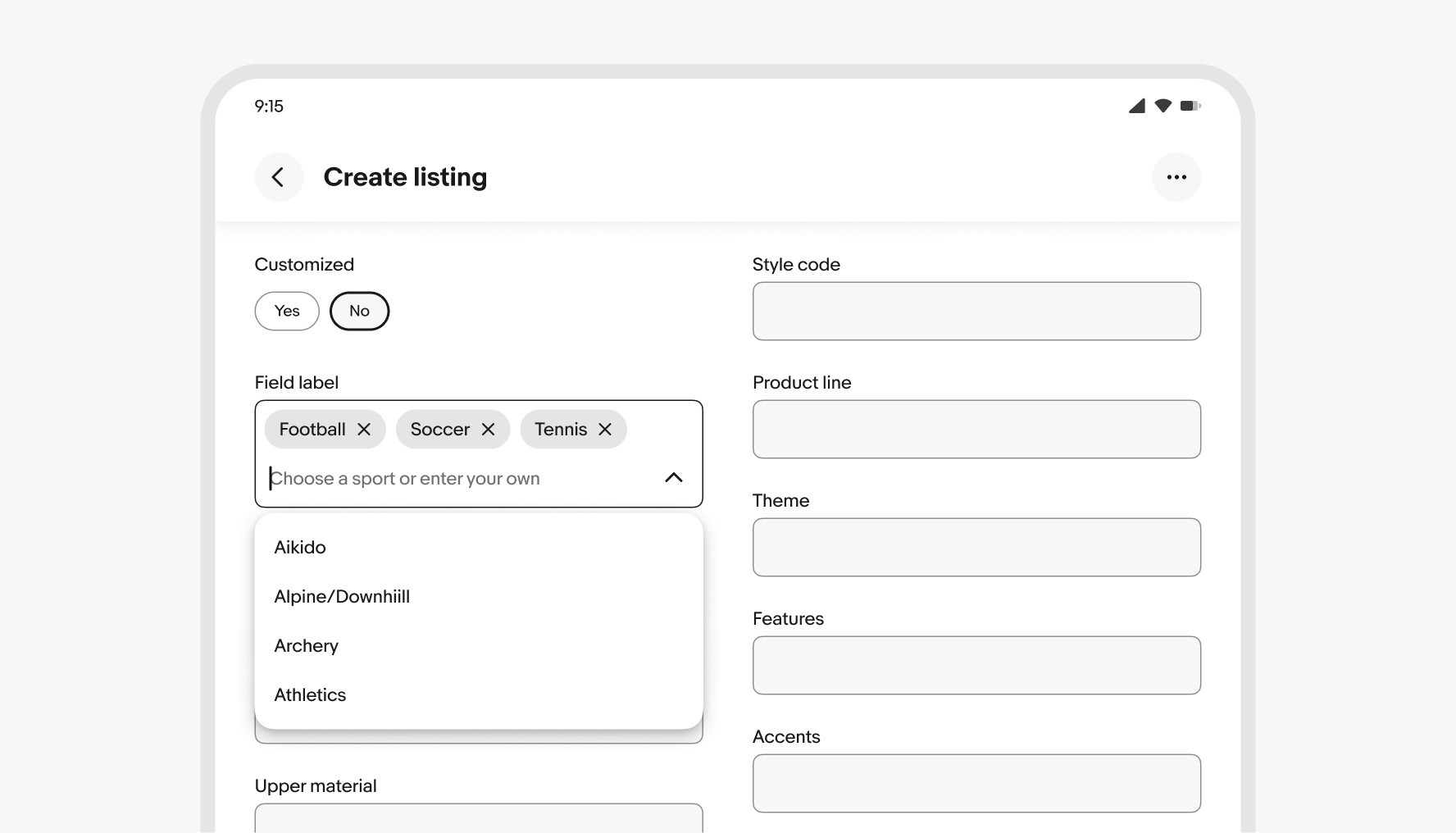 A Create listing screen that features a combobox with a popover list and chips.