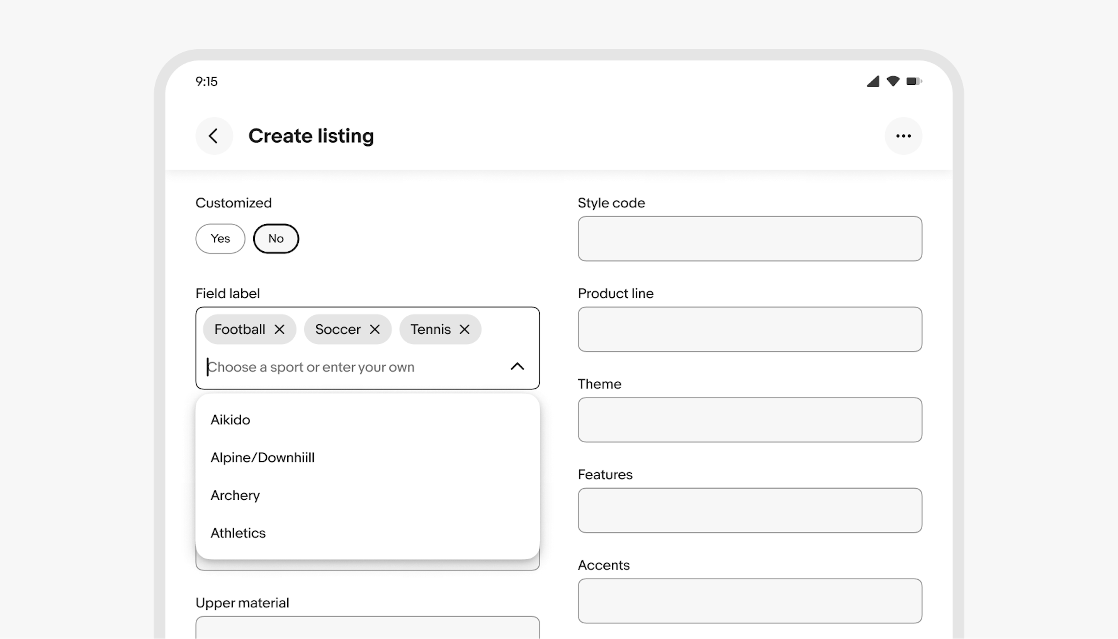 A Create listing screen that features a combobox with a popover list and chips.