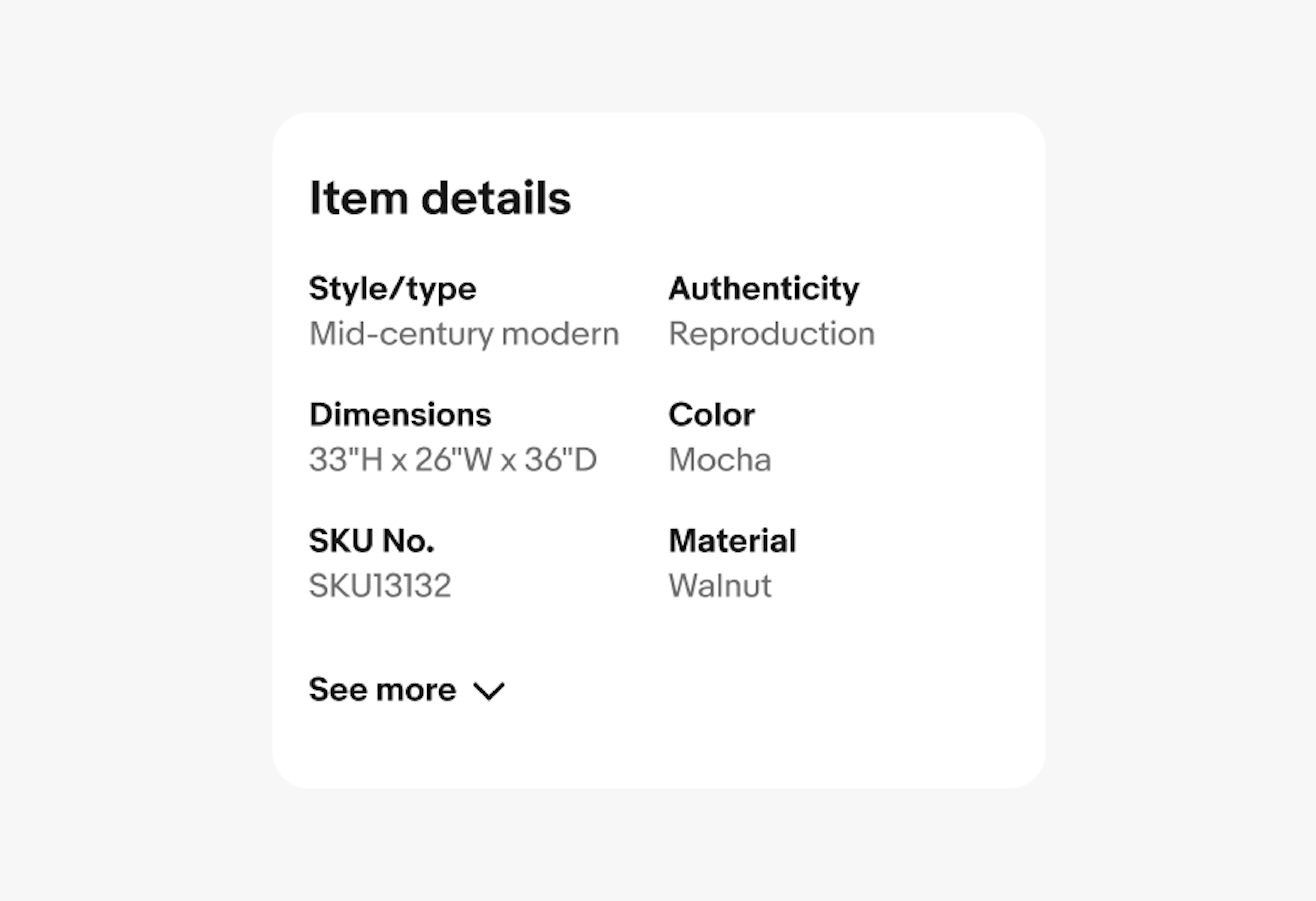 A ‘See more’ expansion under an ‘Item details’ section.