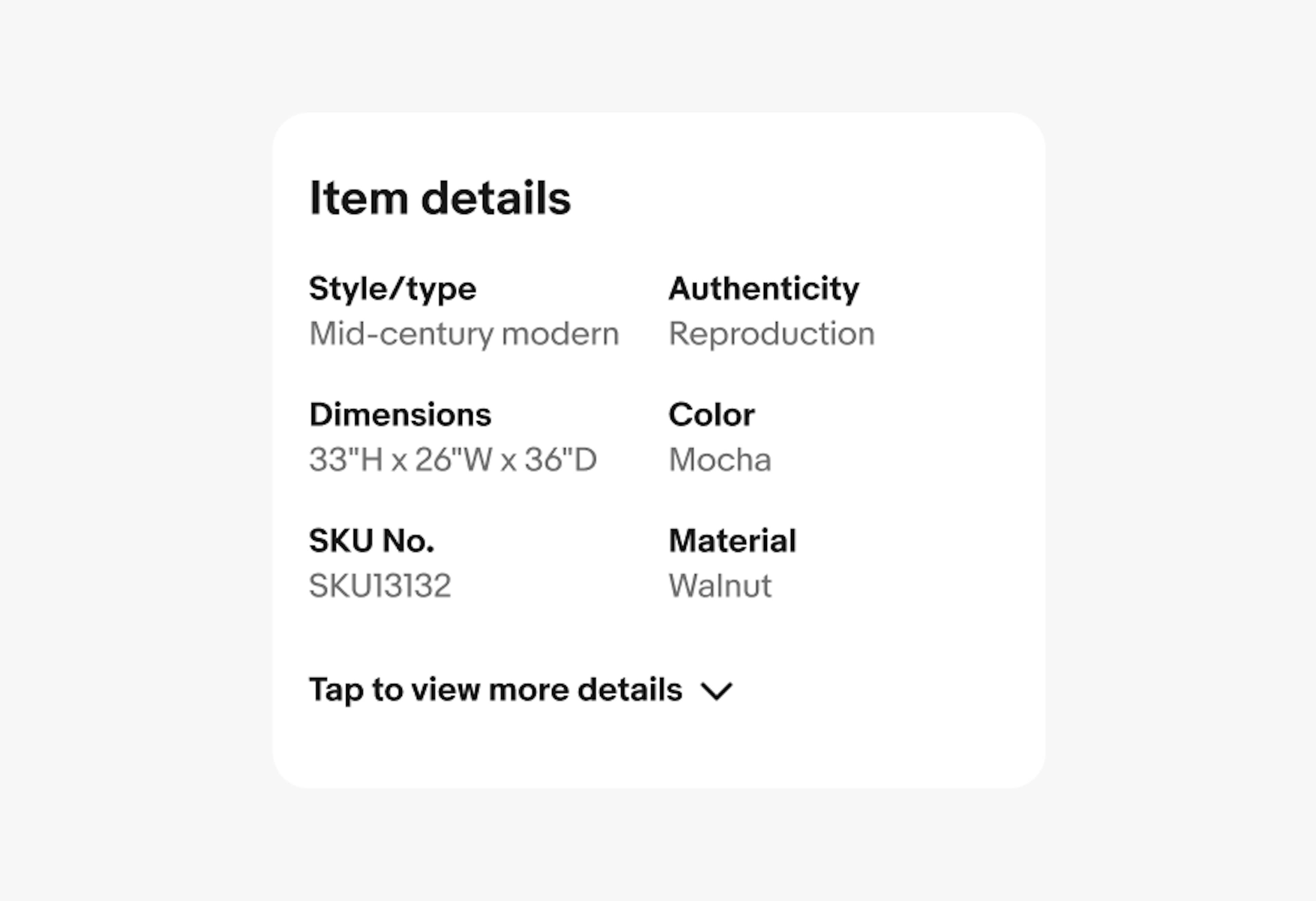 A ‘Tap to view more details’ expansion under an ‘Item details’ section.