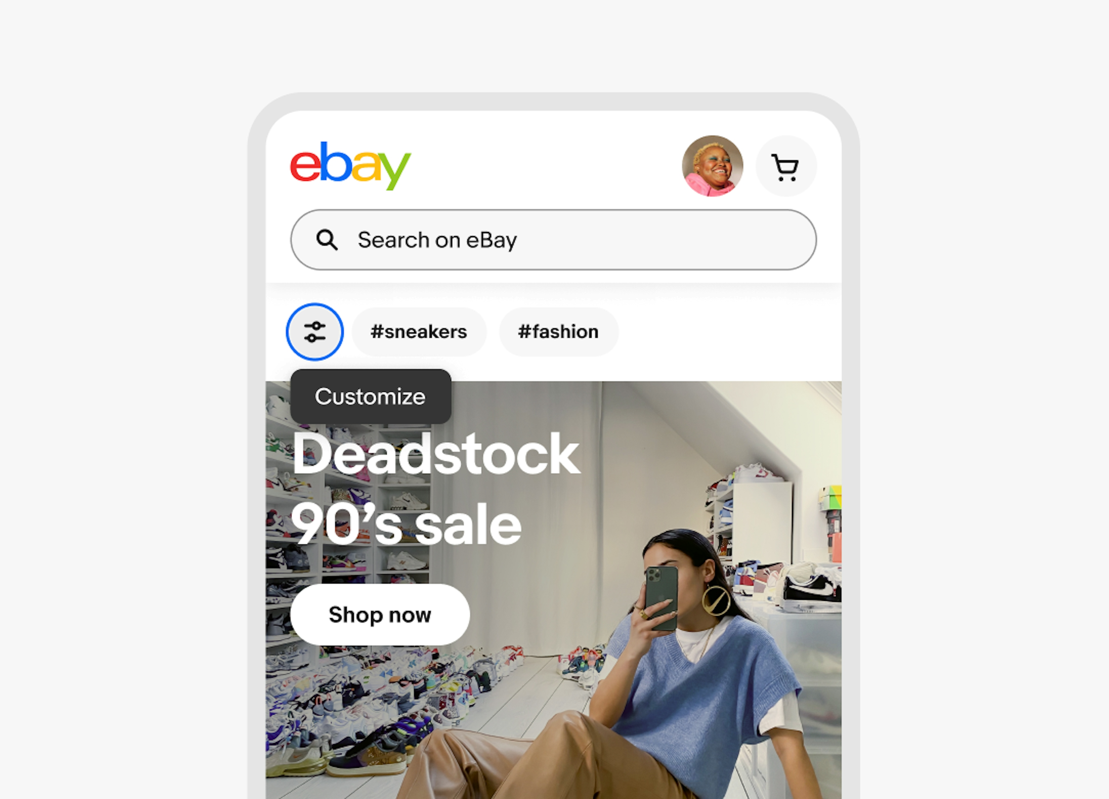 A ‘Customize’ tooltip sits below a Customize icon button on the eBay app.