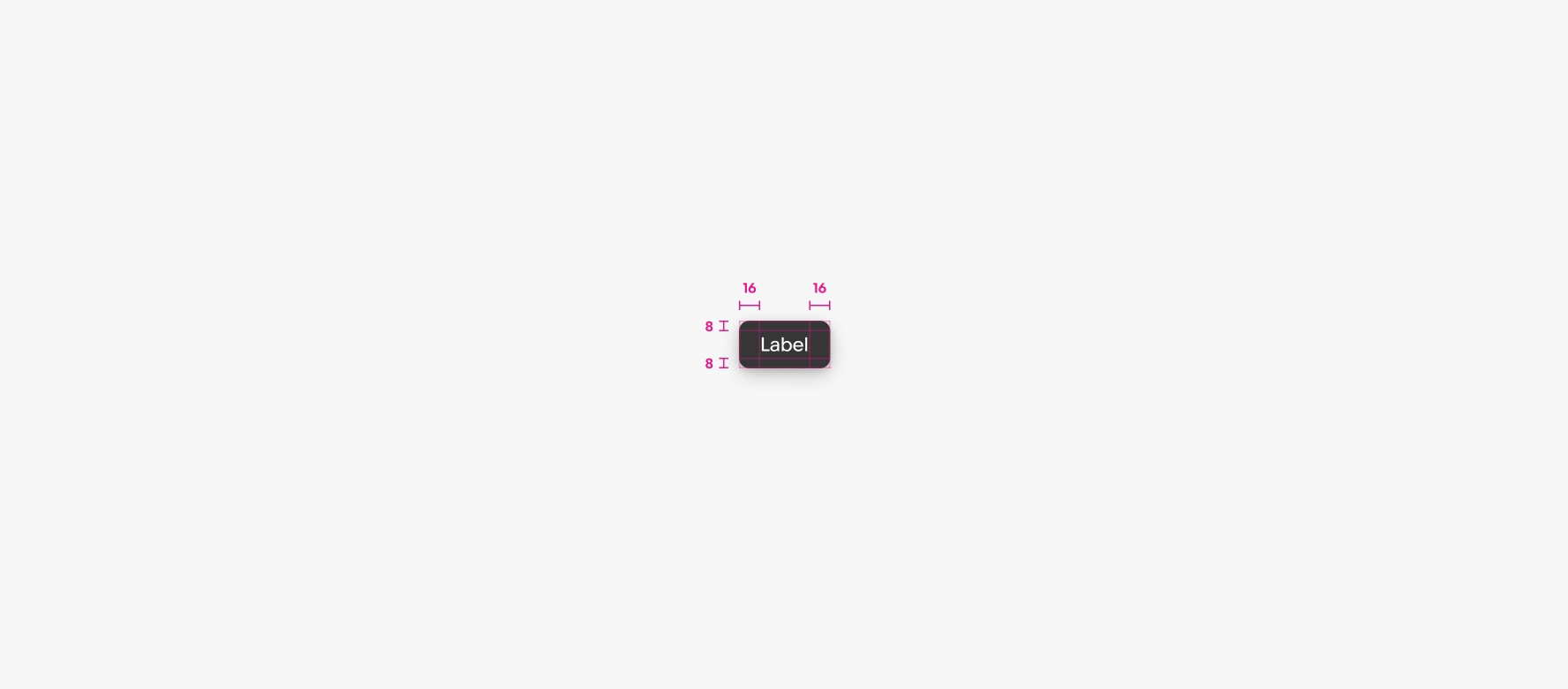 A tooltip with specs is shown. The padding to the left and right of the tooltip is 16px, and the padding on the top and bottom is 8px.