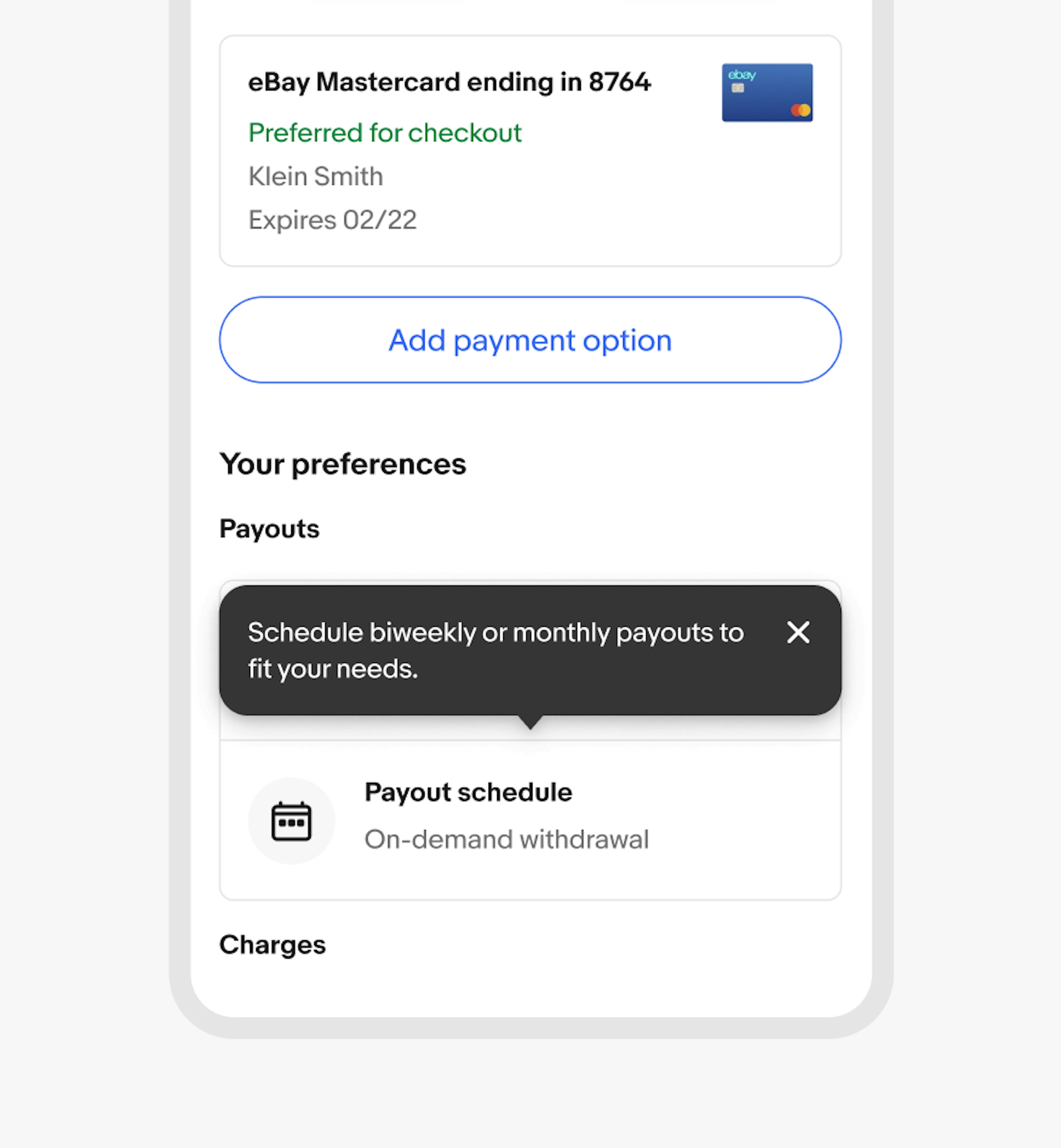 A tourtip sits points to a ‘Payout schedule’ card on the eBay mobile app.