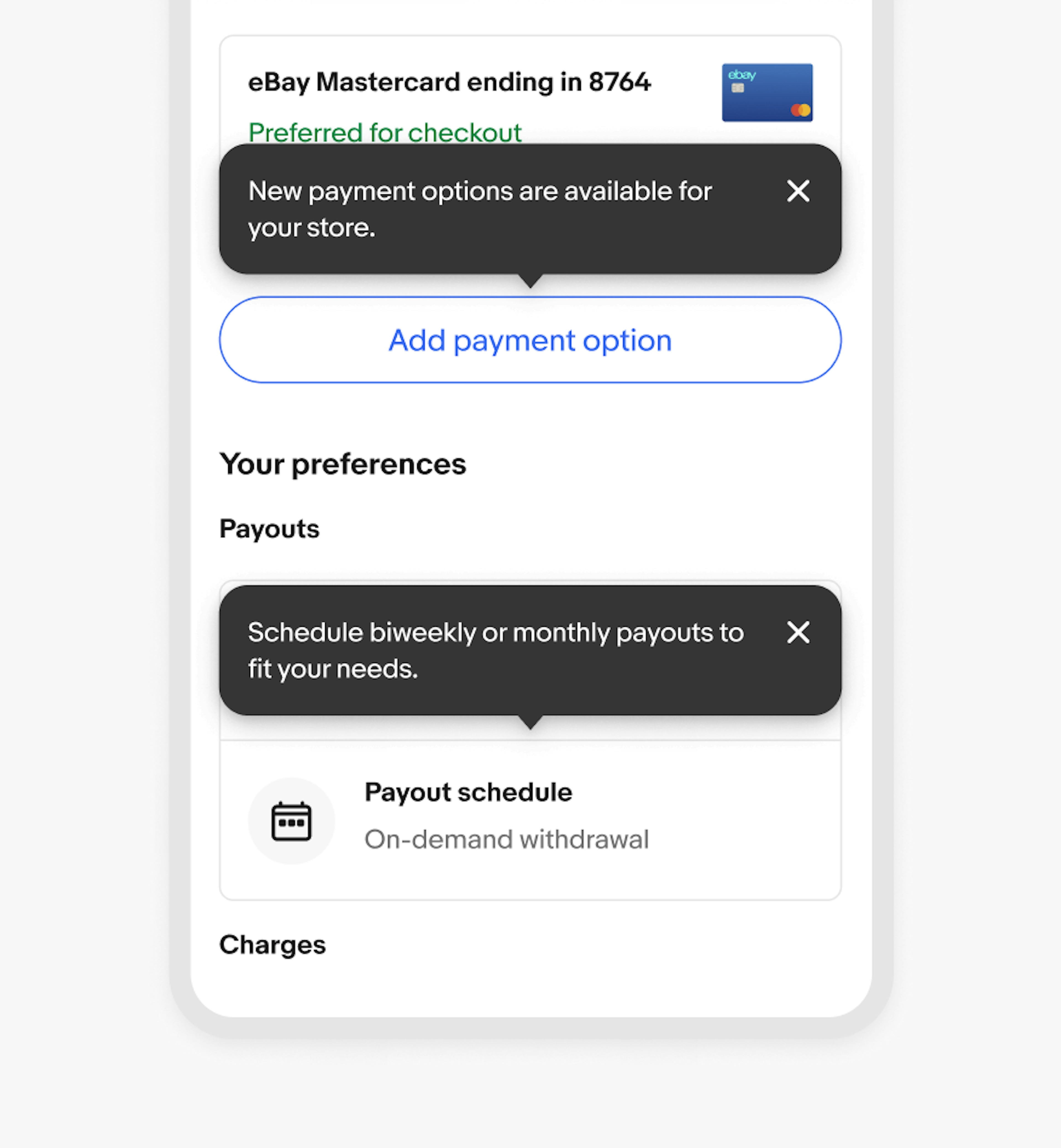 Two tourtips. A tourtip sits points to a ‘Payout schedule’ card on the eBay mobile app, and another points to an ‘Add payment’ option button.