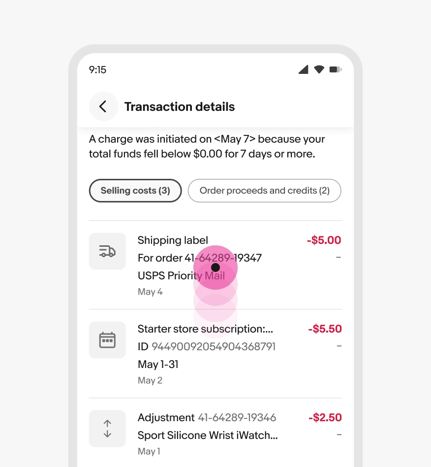 A ‘Transaction details’ page on the eBay mobile app showcasing overflow content on the top of the page.