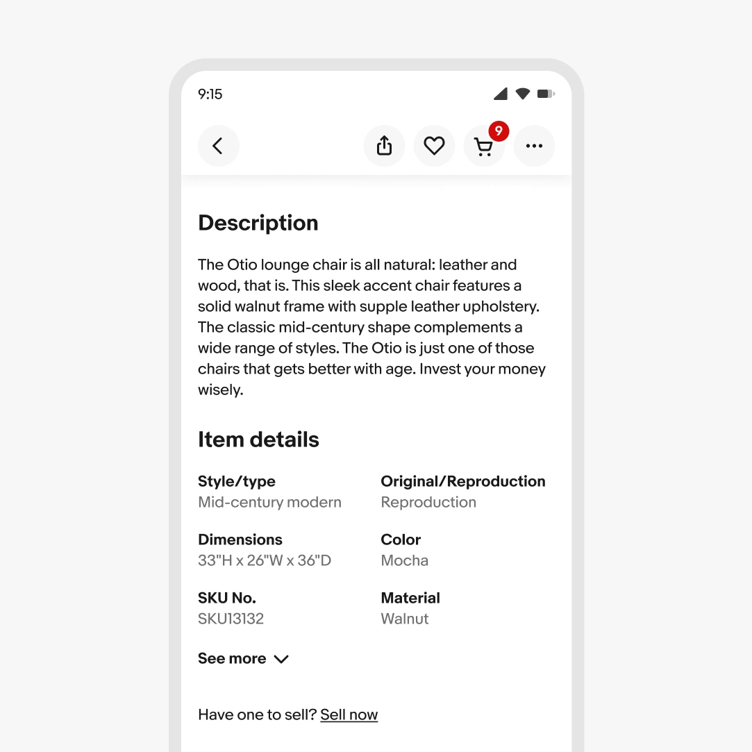 A ‘See more’ expansion below a ‘Description’ section on the eBay mobile app.
