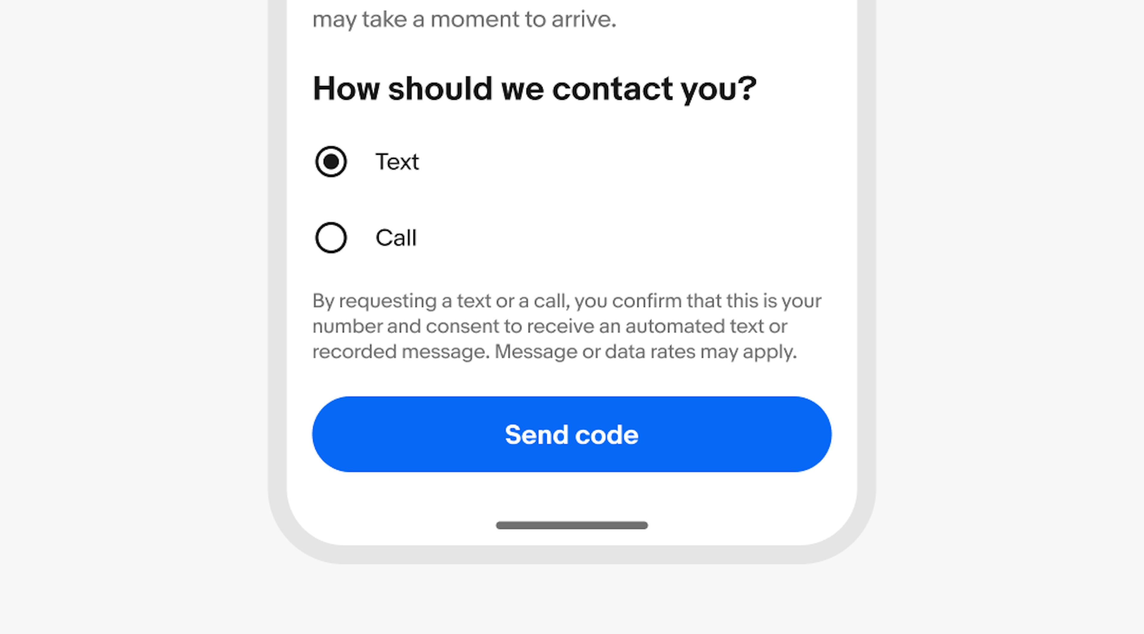 A ‘How should we contact you section’ on eBay mobile Android shows two radio buttons in native Material design format. 