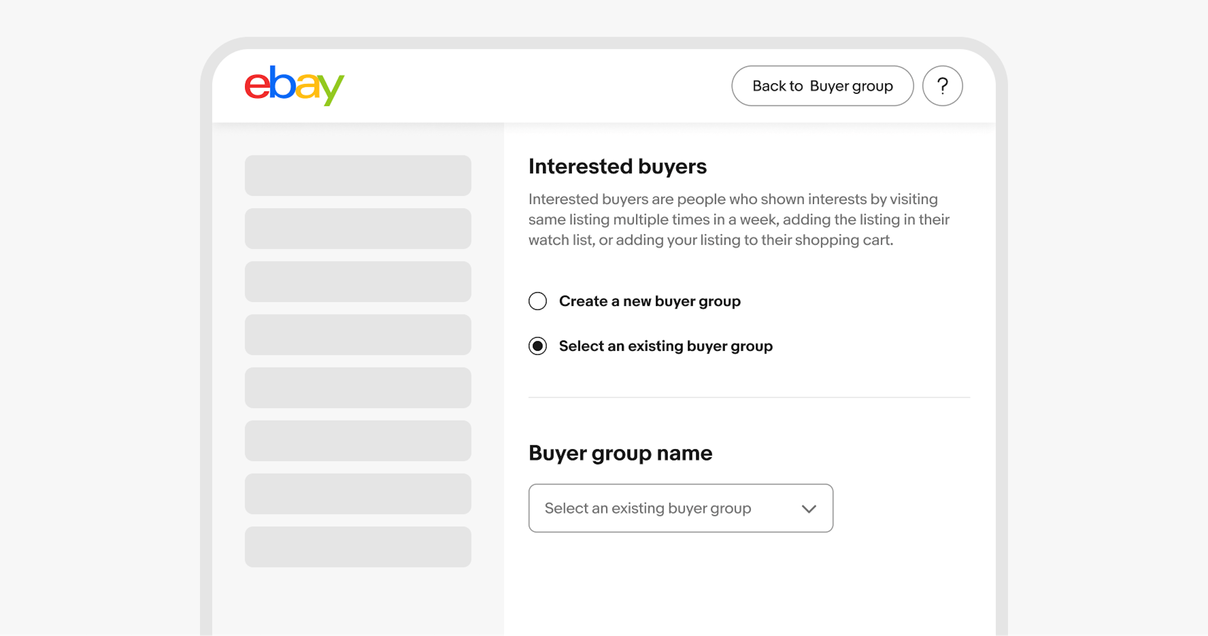 Two small radio buttons are group in an ‘Interested buyers’ section on a larger eBay screen. 