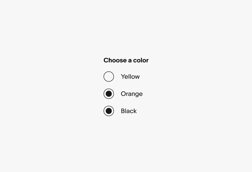 A ‘Choose a color’ section with three large radio buttons: Yellow, Orange, and Black. The Orange and Black radio buttons are selected, while Yellow radio button is unselected.