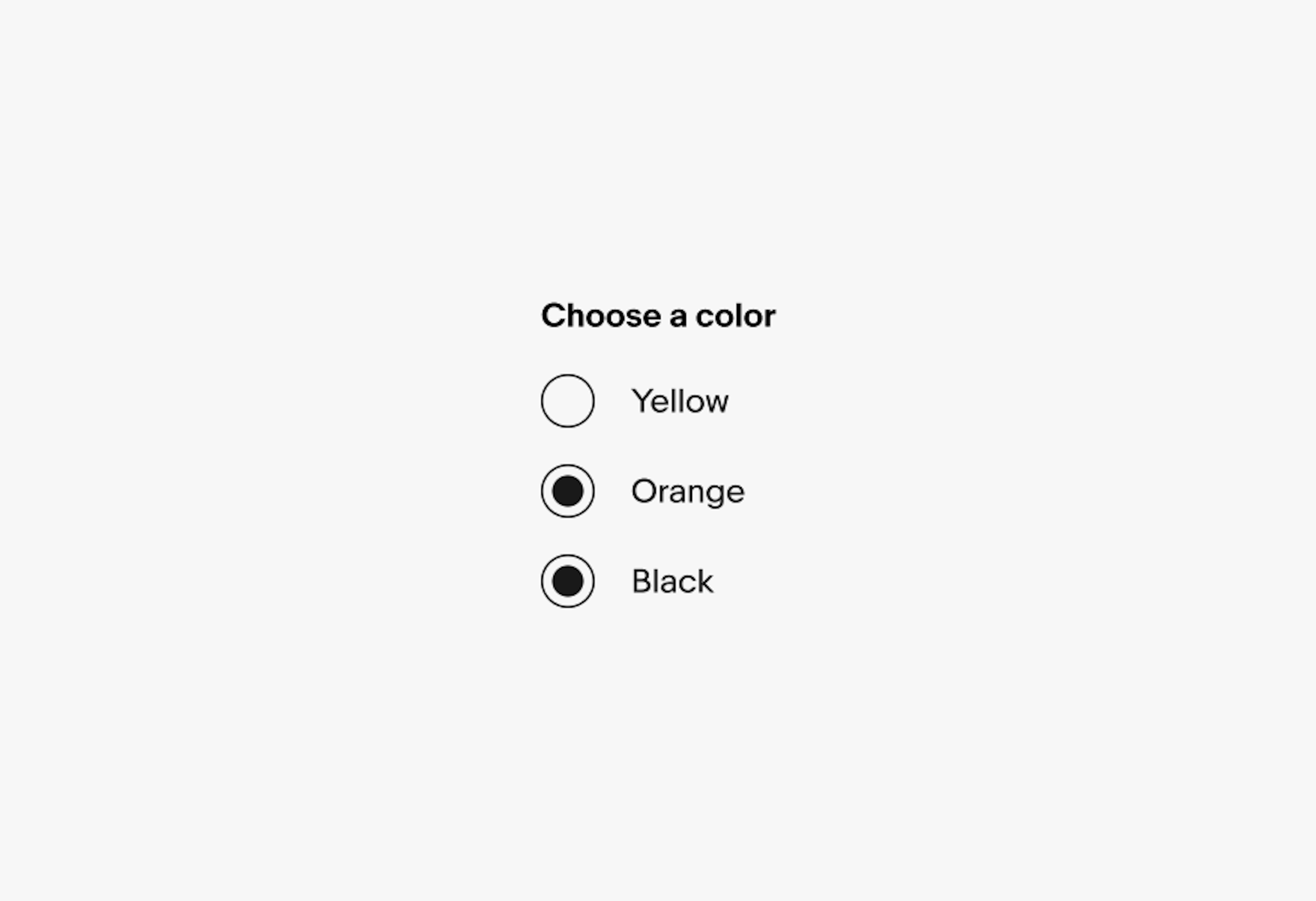 A ‘Choose a color’ section with three large radio buttons: Yellow, Orange, and Black. The Orange and Black radio buttons are selected, while Yellow radio button is unselected.