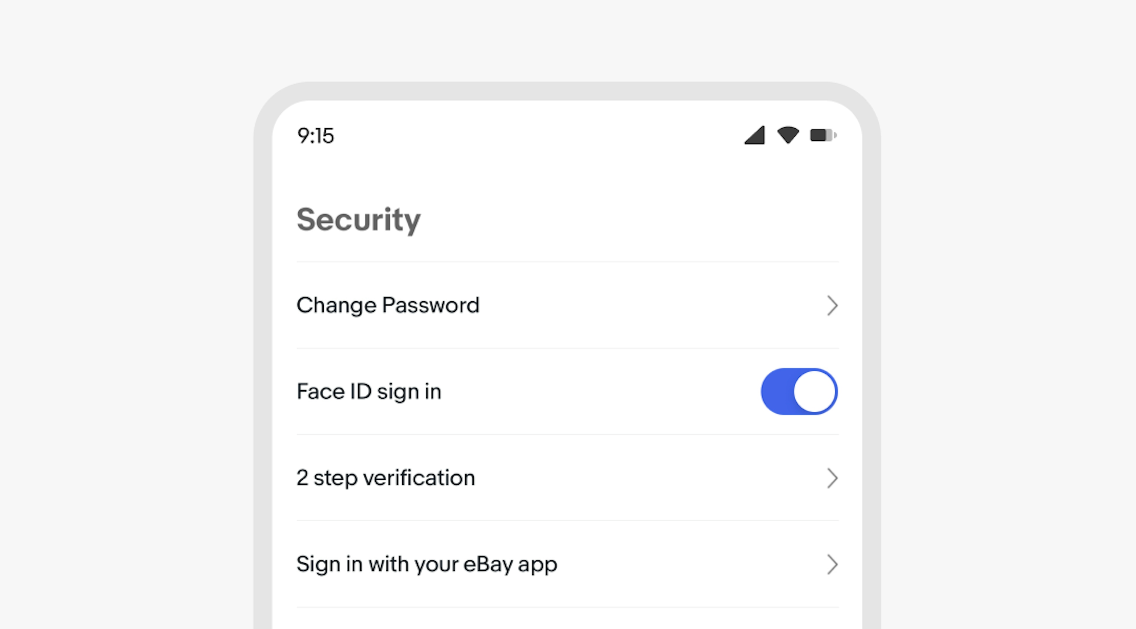 A ‘Face ID sign in’ selected switch sits in the security section of the eBay app.