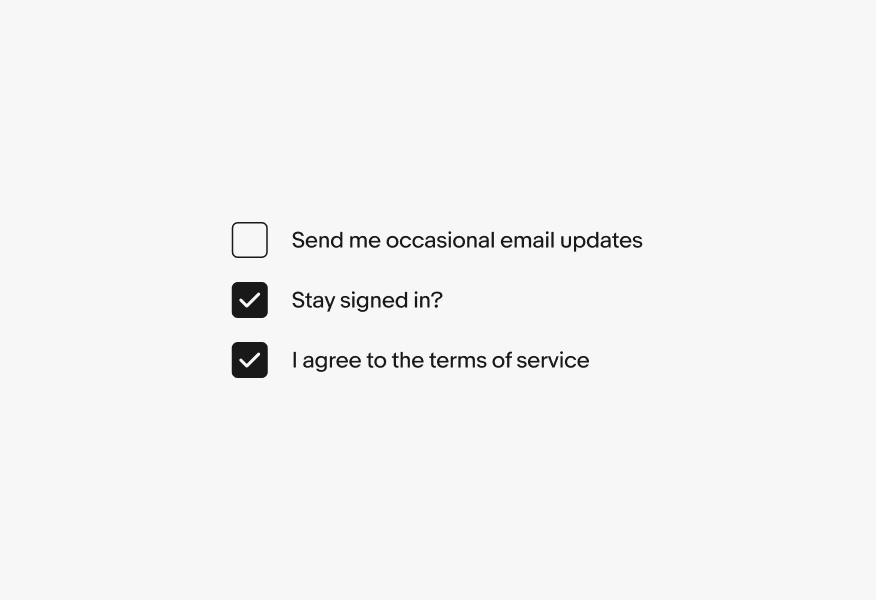 Three checkboxes with distinct labels, one unselected and two selected, are stacked in a list.