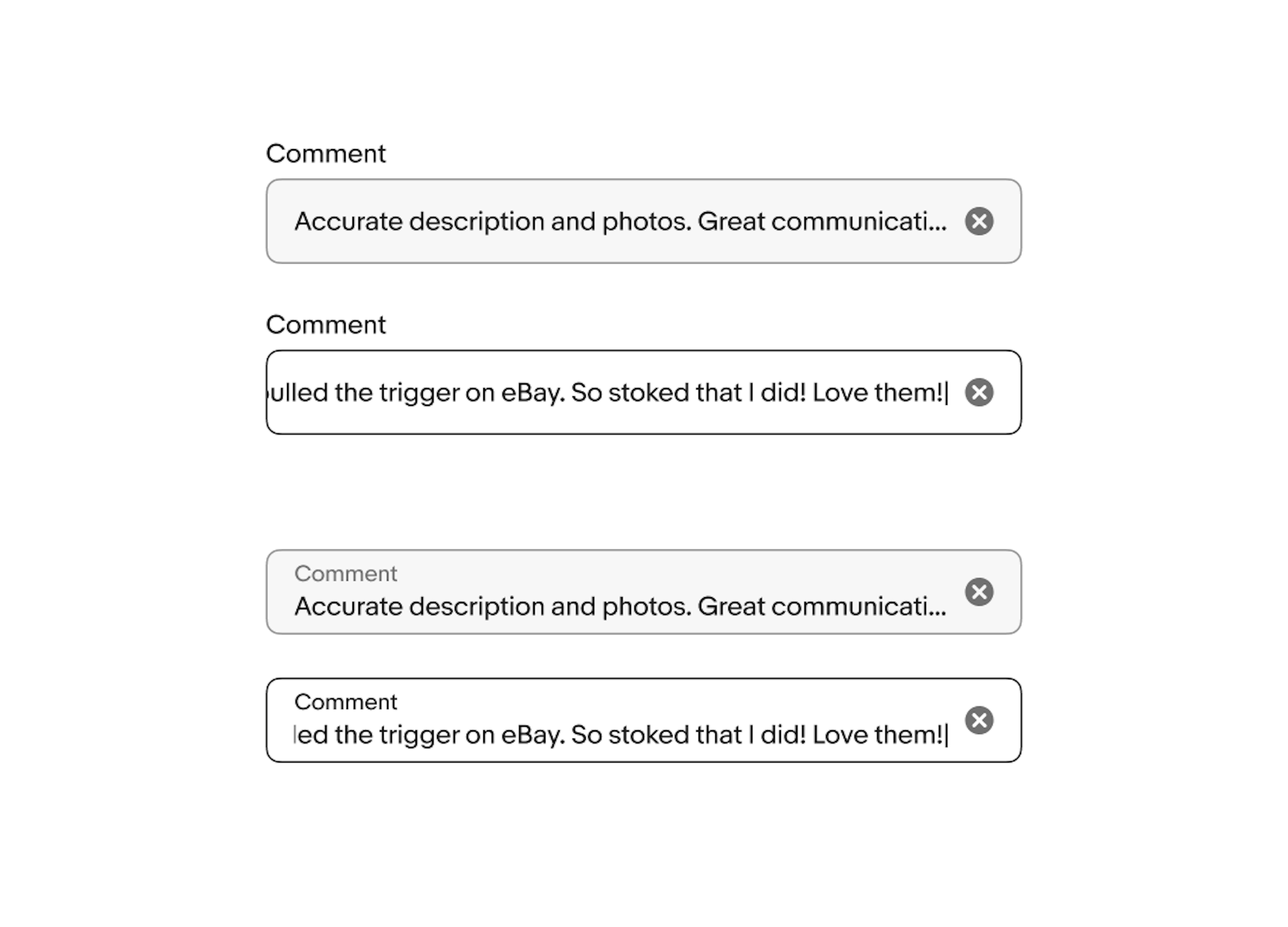 Text fields with both stacked and floating examples showing text overflow on both sides.