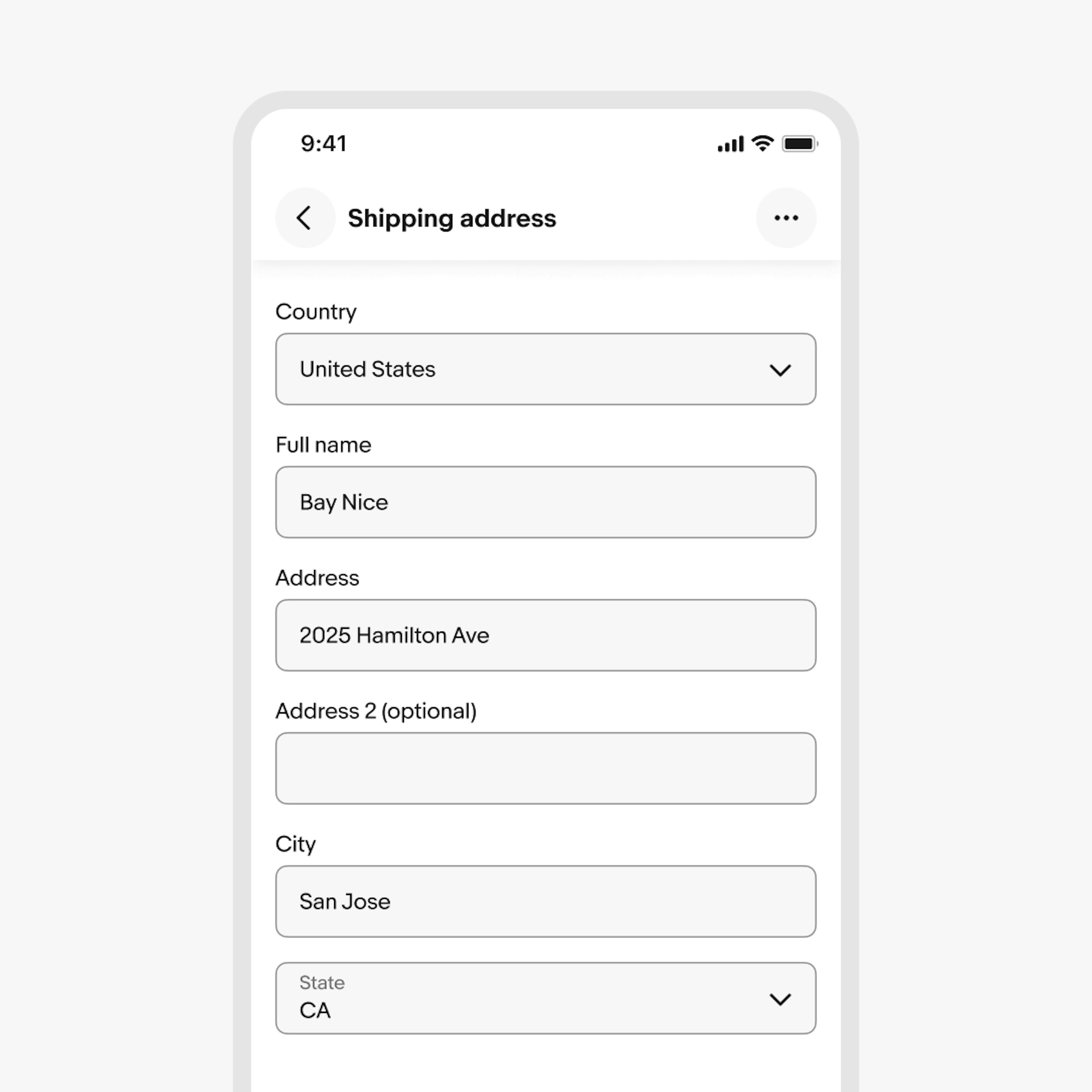 Text fields sit on a ‘Shipping address’ form on the eBay mobile app. The text fields span the full width on compact screens.