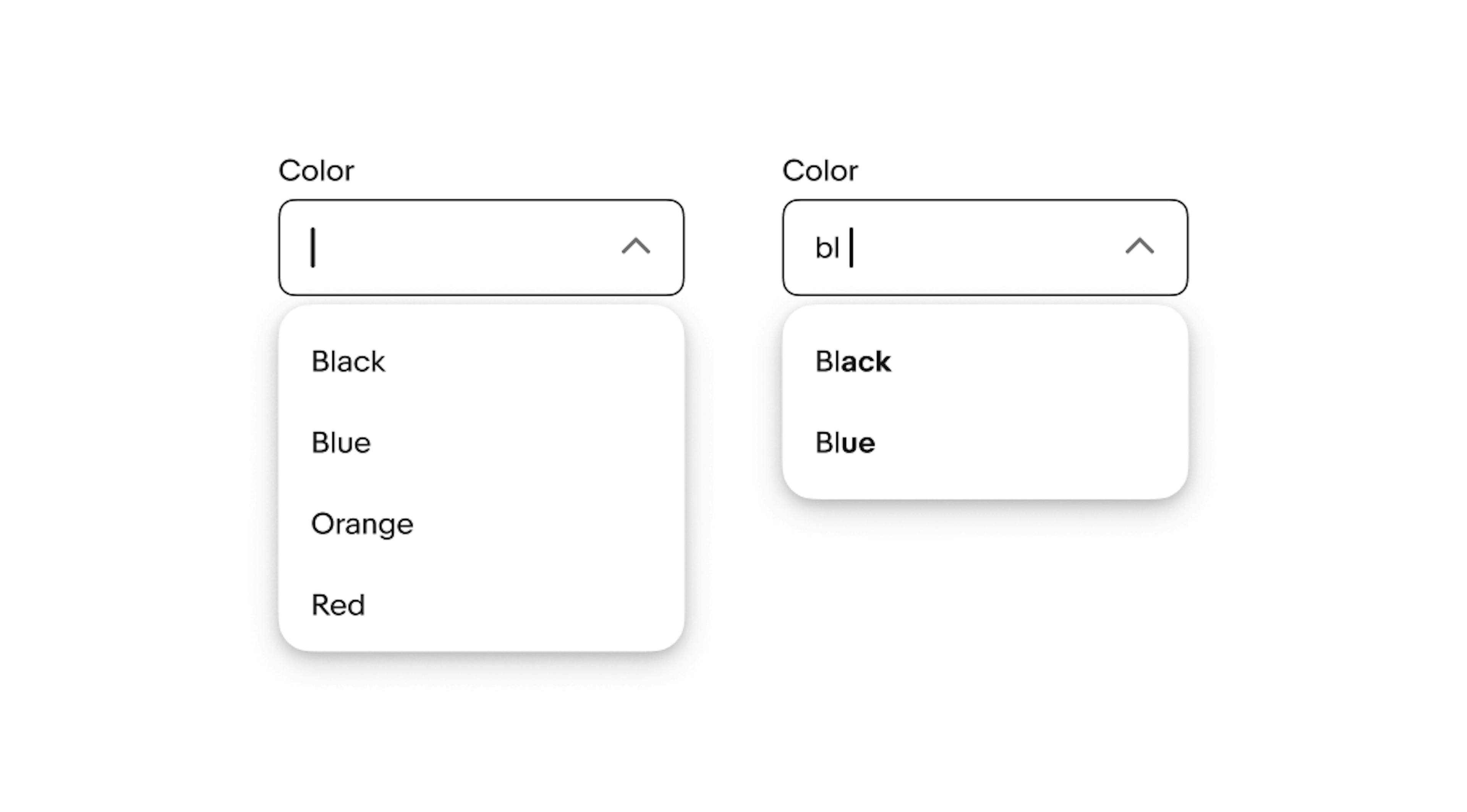 An empty combobox with a popover list sits to the left of a combobox with characters entered and a popover list related to the characters.