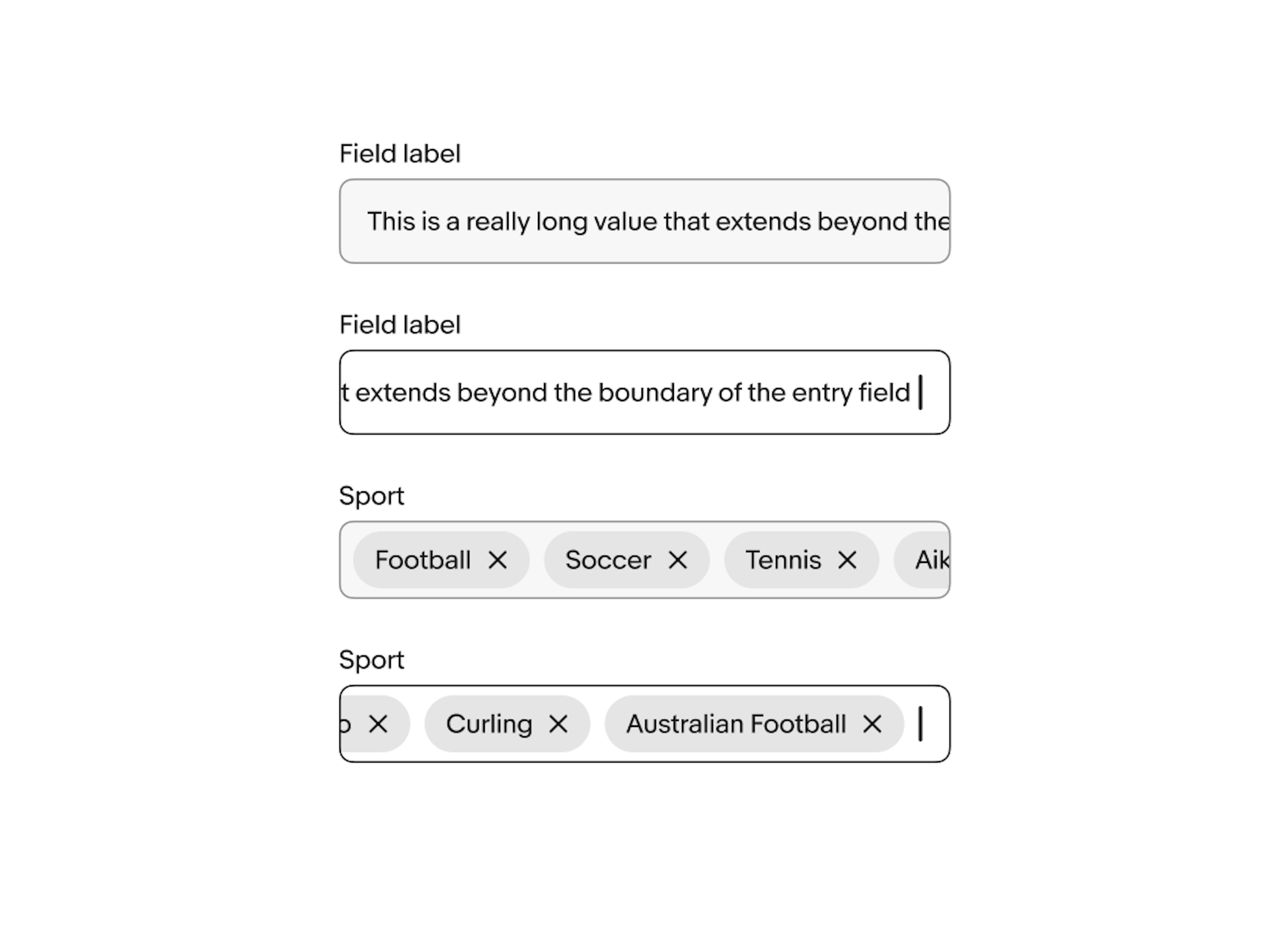 Horizontal overflow examples of a combobox with text applied, a combobox with text being added, a combobox with chips applied, and a combobox with chips being added.