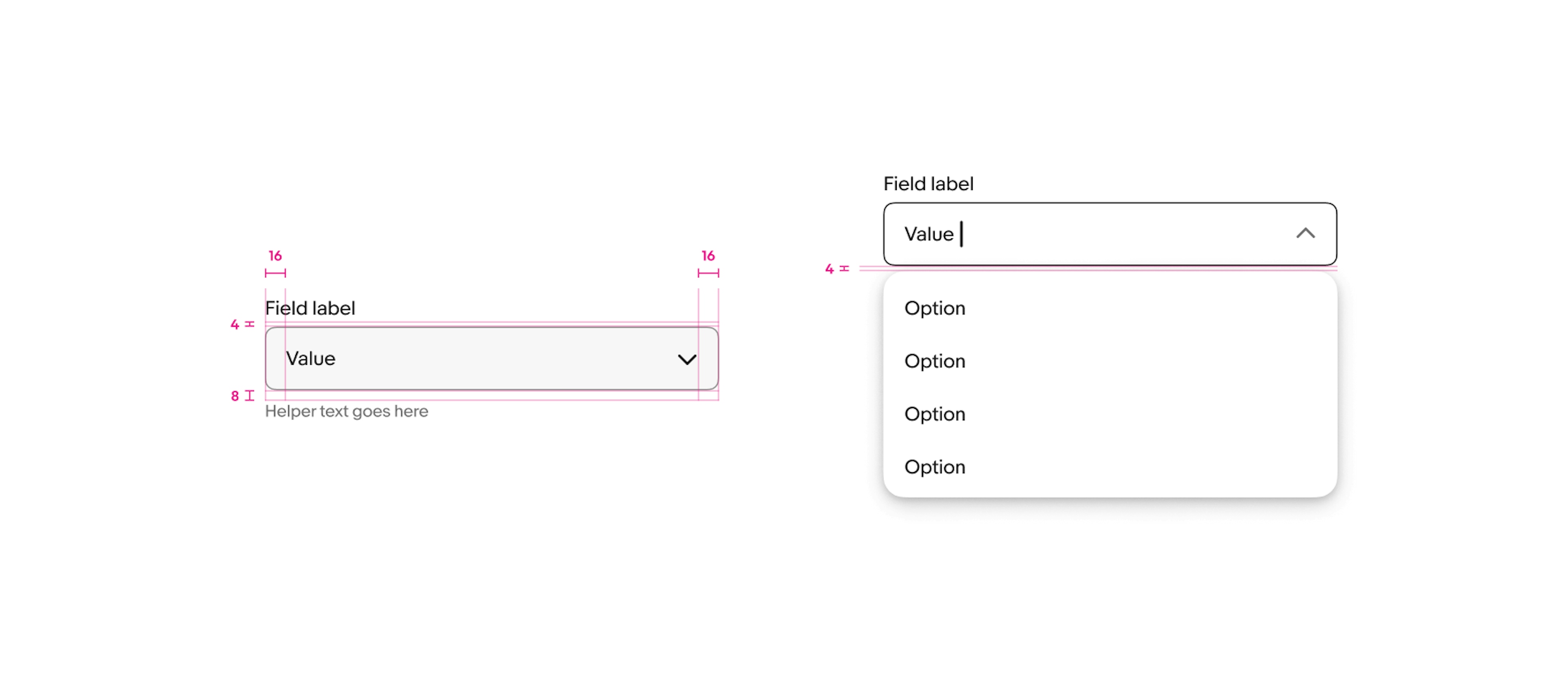 A combobox sits to the left of a combobox with a menu popover.  Combobox dimensions: padding on the left and right of content is 16px, padding between Field label and combobox is 4px, padding between combobox and helper text is 8px. Padding between combobox and a menu popover is 4px.