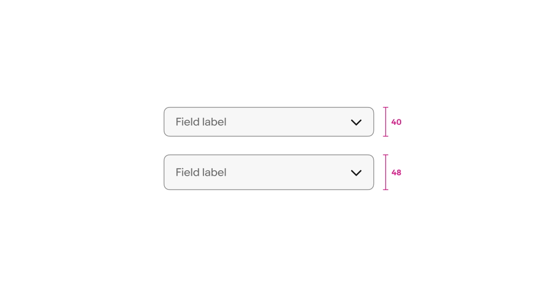 A dropdown with a height of 40px sits above a dropdown with a height of 48px.