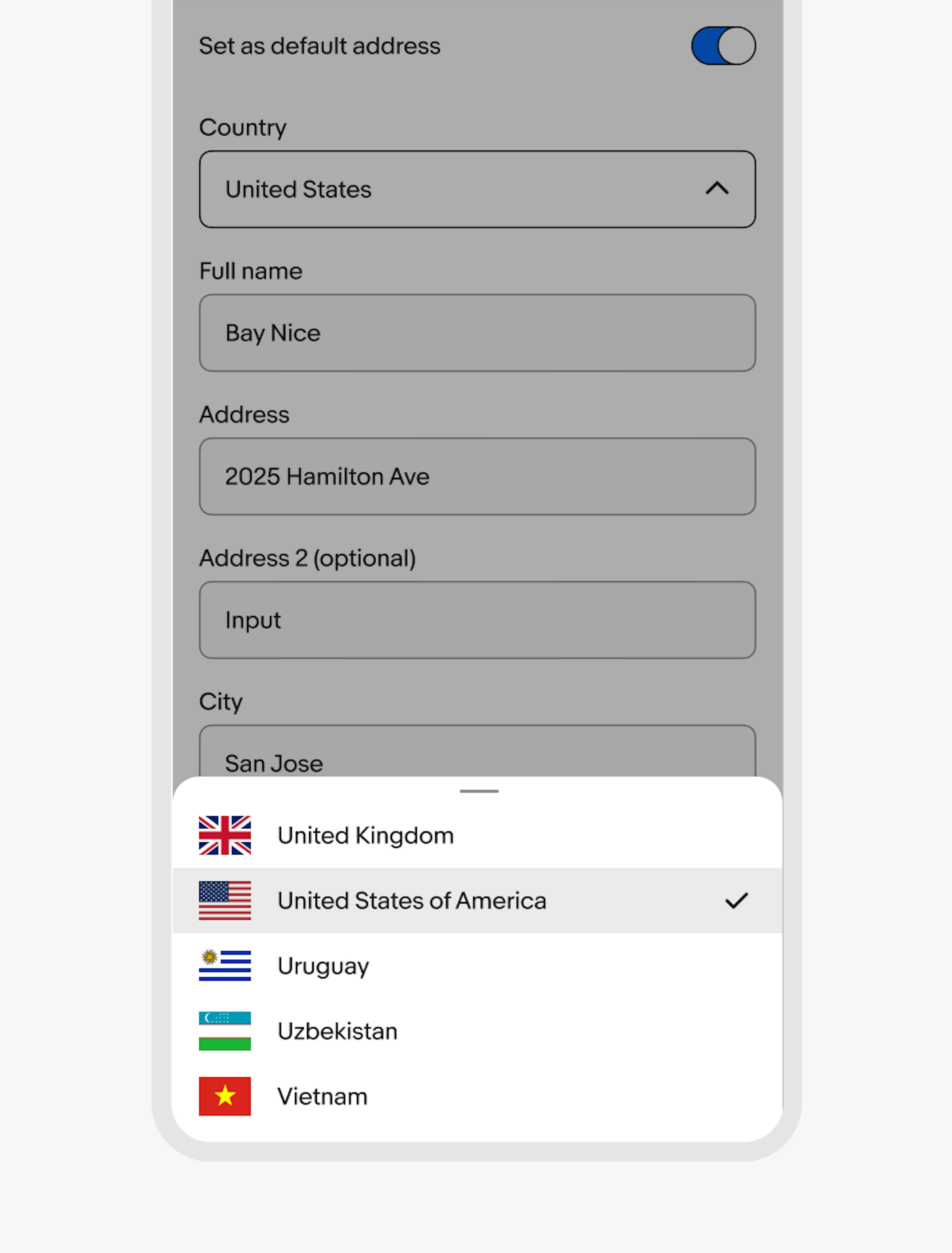 The ‘Edit address’ page on the eBay mobile app is in view with the ‘Country’ dropdown selected. The screen in view has a sheet with a list of countries as options, with United States of America selected.