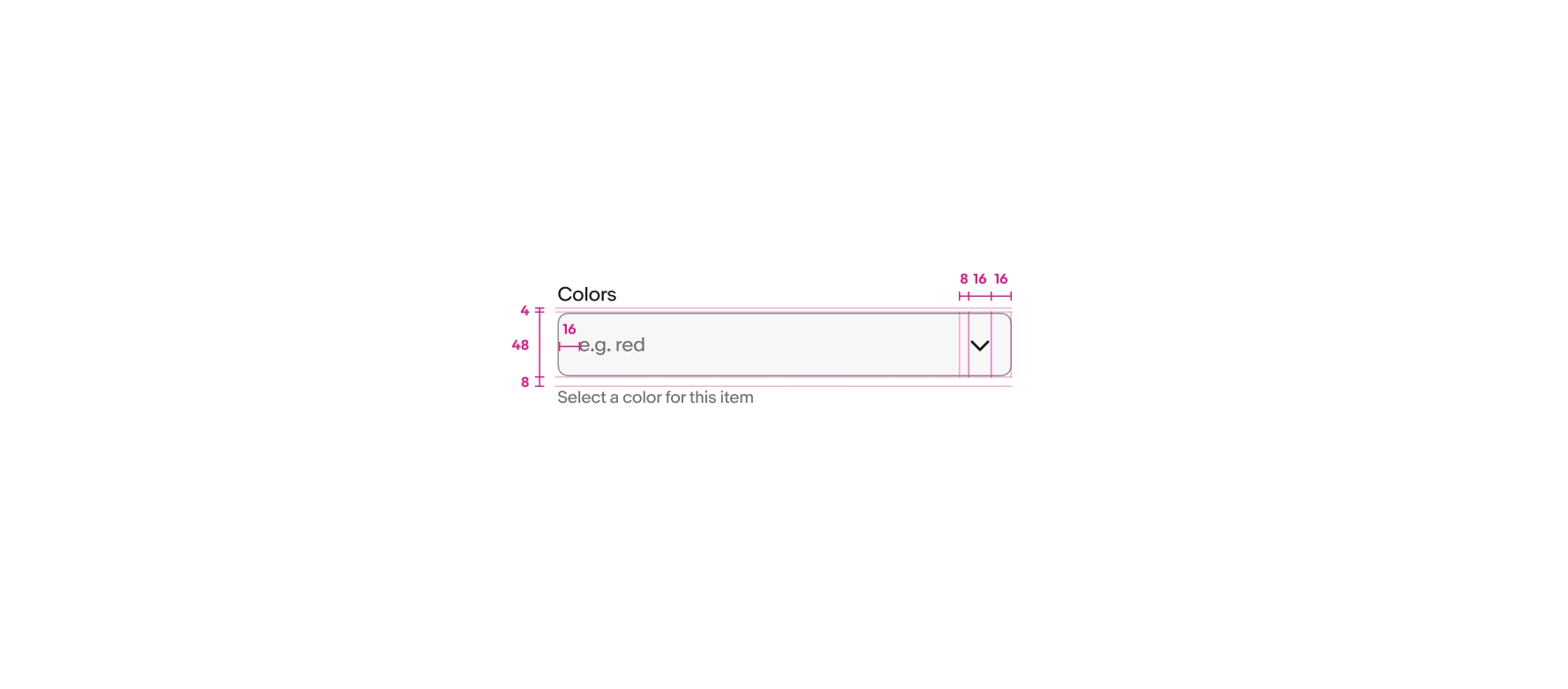 A dropdown component is shown with specs highlighted. Padding between the label and the dropdown is 4px, padding to the left and right of the content inside of the dropdown is 16px, padding between the placeholder text and trailing icon is 8px, and padding between the dropdown and helper text is 8px.
