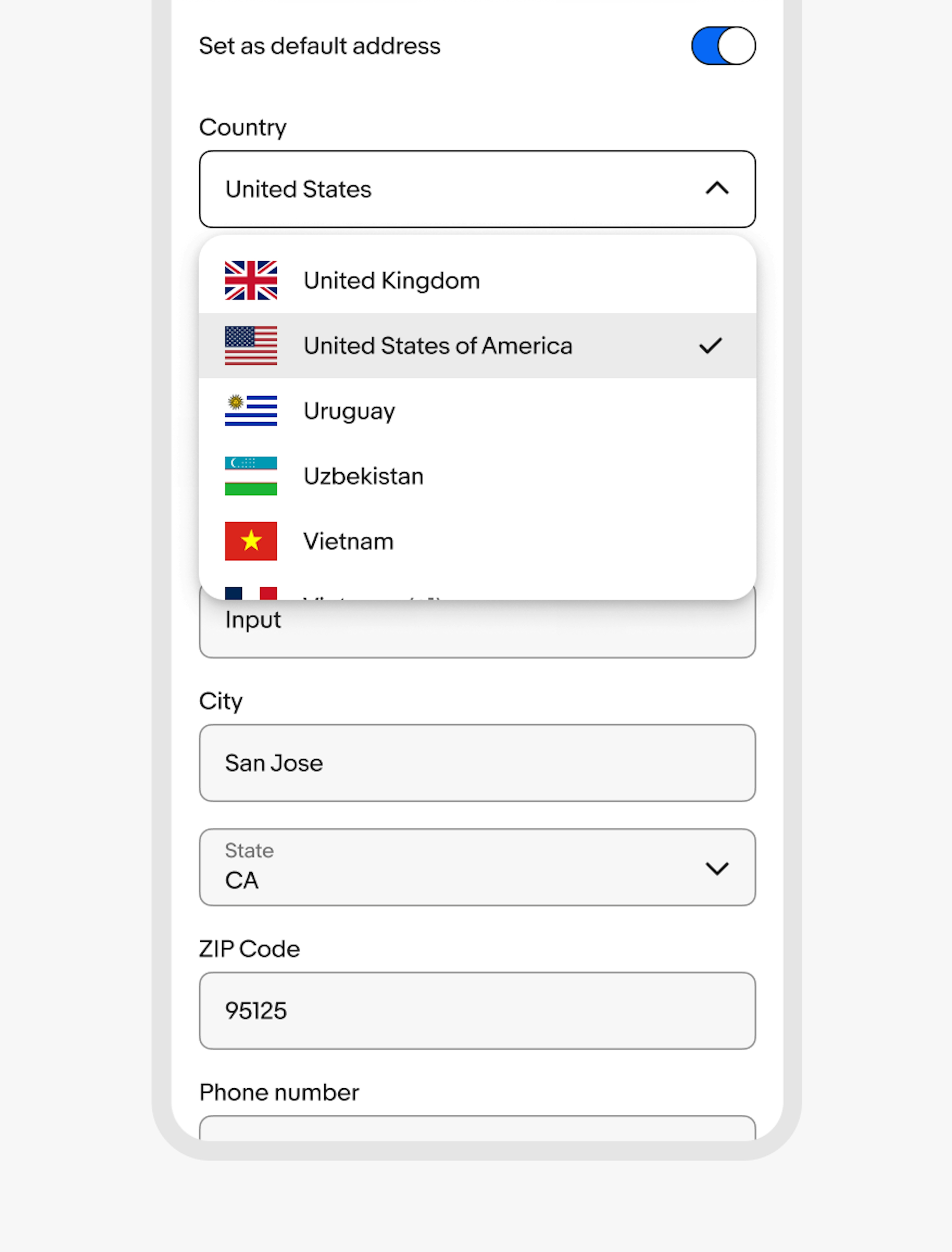 The ‘Edit address’ page on eBay mobile web is in view with the ‘Country’ dropdown selected, and a popover menu in focus. United States of America is selected in the menu.