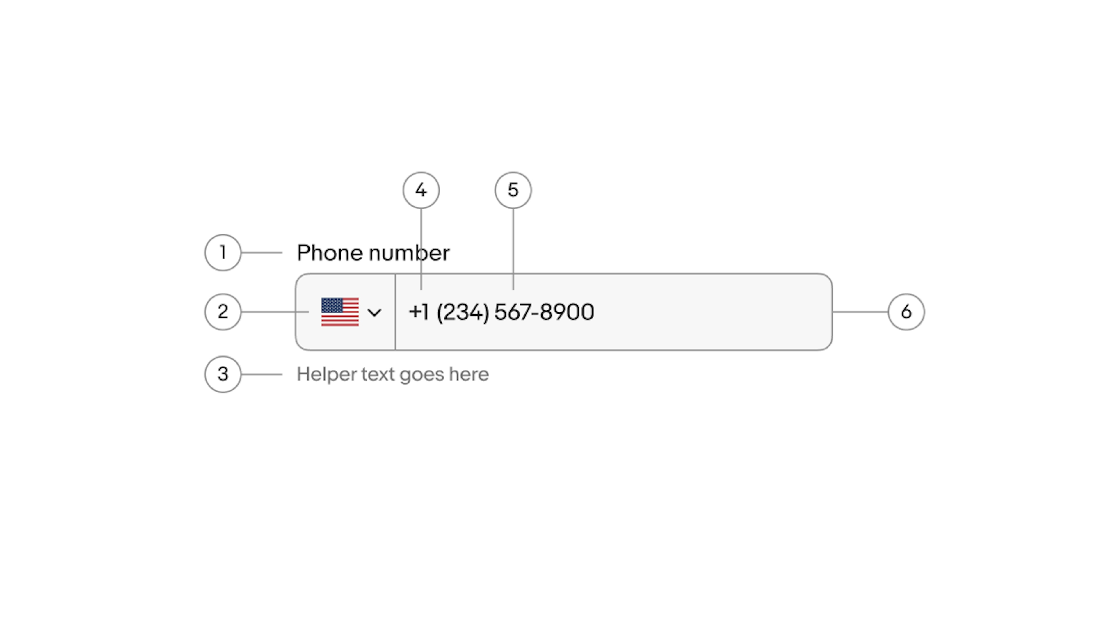 Phone number field diagram with 6 elements numbered: 1. Label, 2. Country dropdown, 3. Helper text, 4. Country code, 5. Value, 6. Field container.