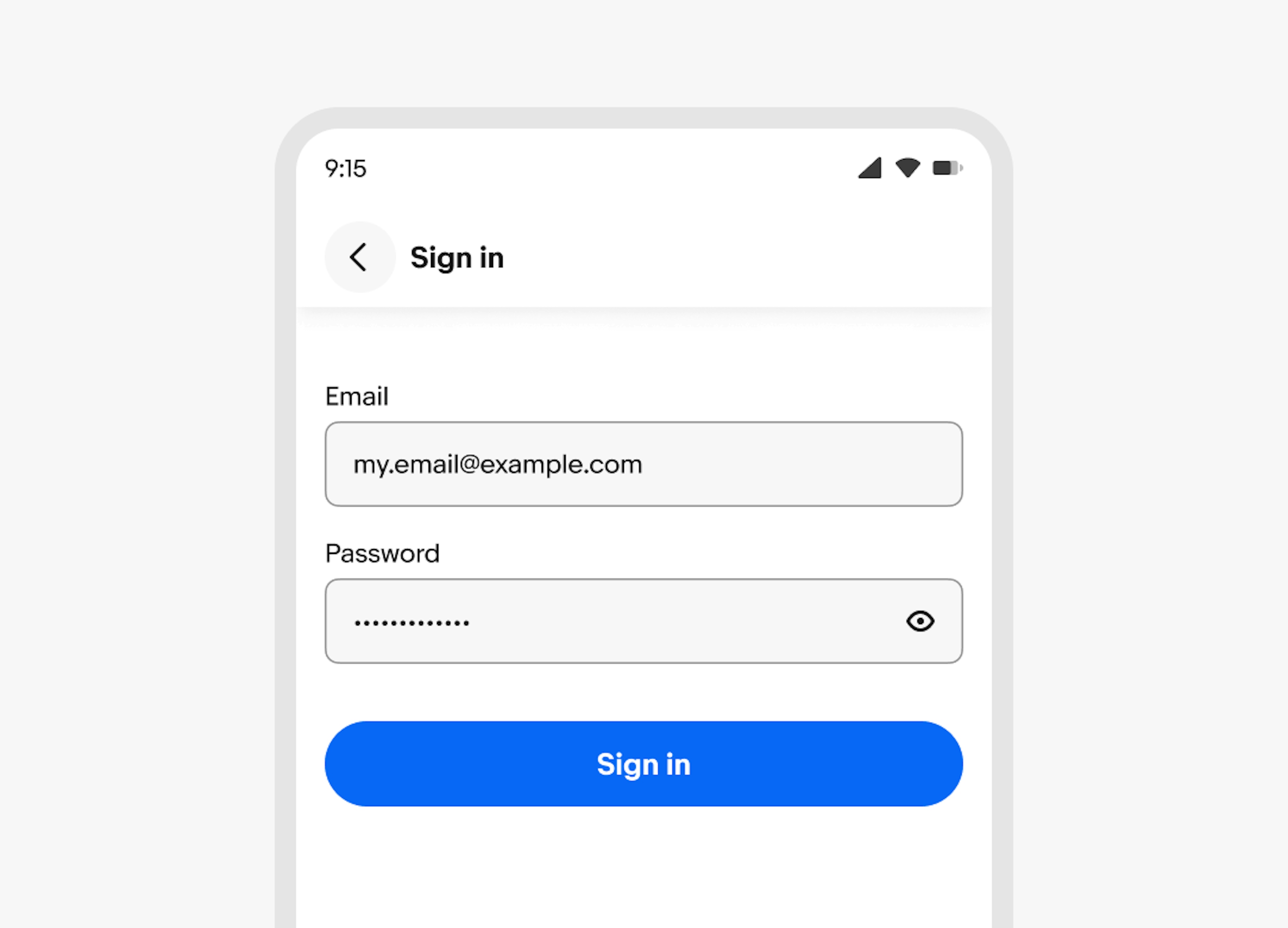 A password field spanning the full width of a mobile eBay sign in screen.