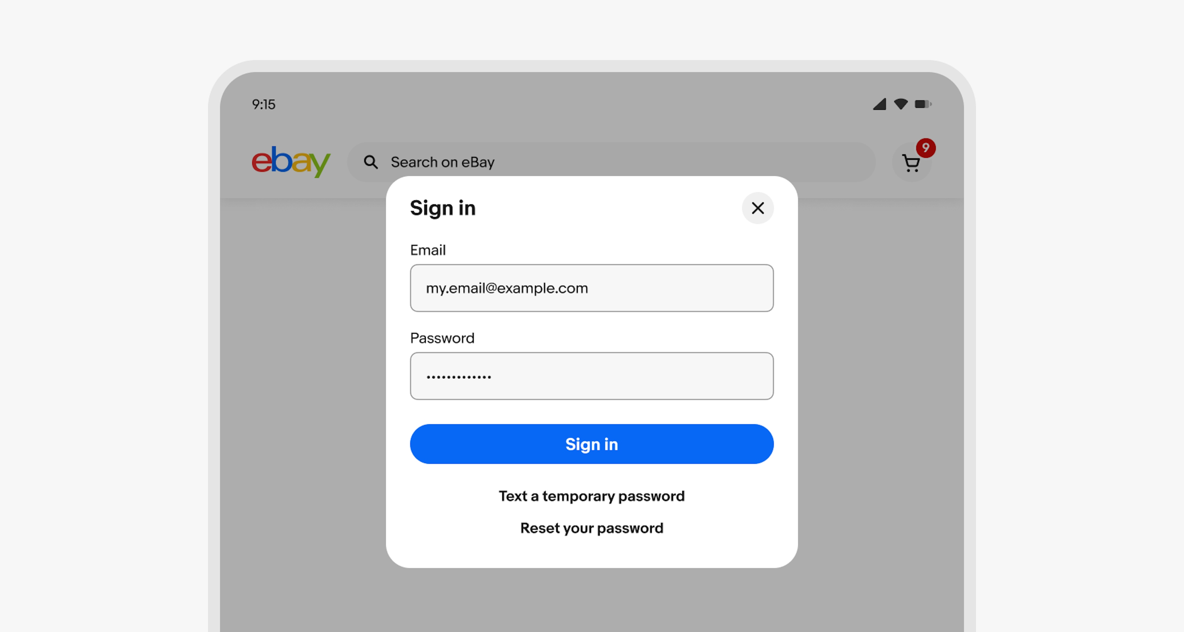 A password field spanning the full width of a modal on a larger eBay sign in screen.