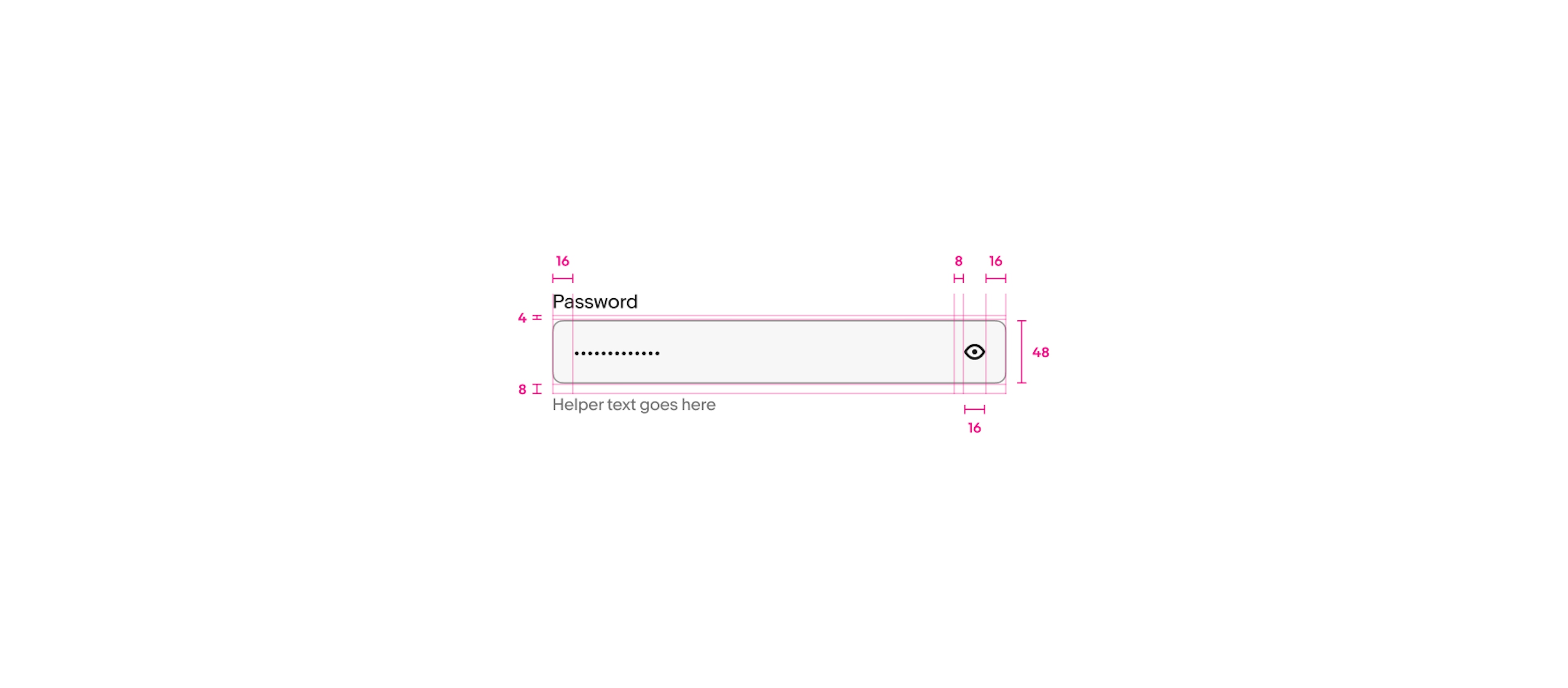 A password field component is shown with specs highlighted. The space between the label and password field is 4px, padding on the left and right of content inside of the password field is 16px, padding between the value field and the trailing icon is 8px, the space between the password field and helper text is 8px, and the height of the password field is 48px.