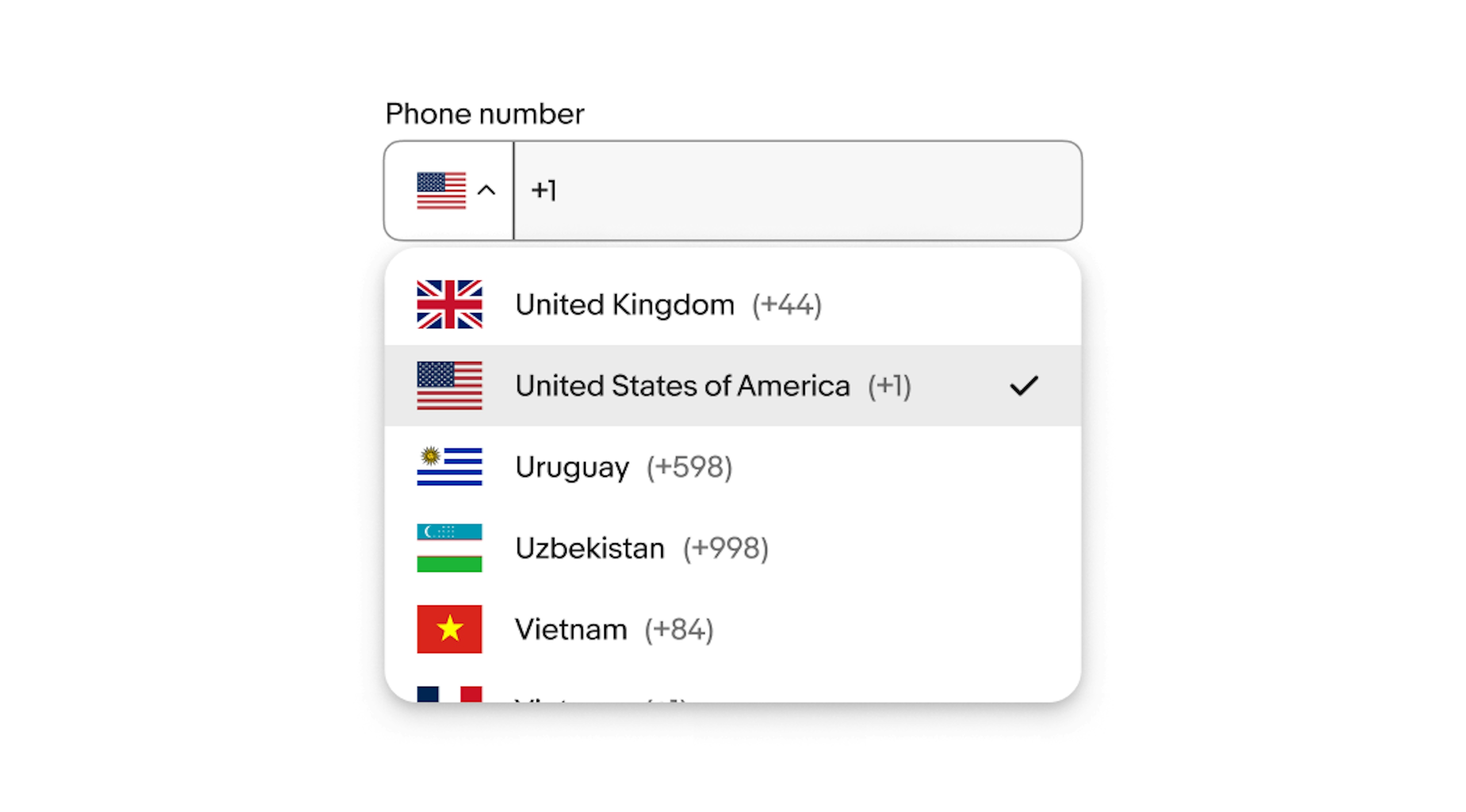 A dropdown appears below a phone number field listing country codes: United Kingdom, United States of America, Uruguay, Uzbekistan, and Vietnam.