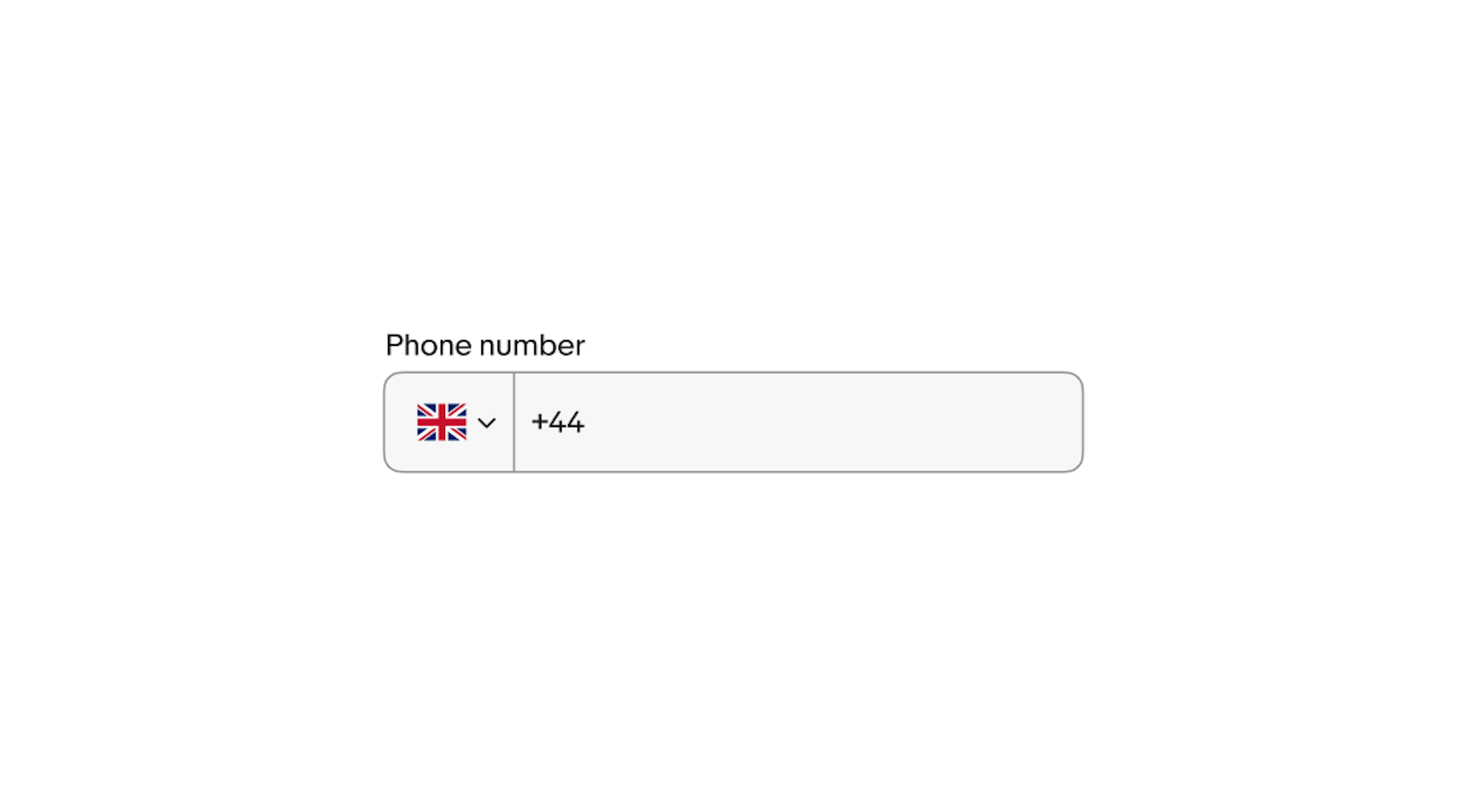 Phone number input field with United Kingdom flag icon and +44 country code.