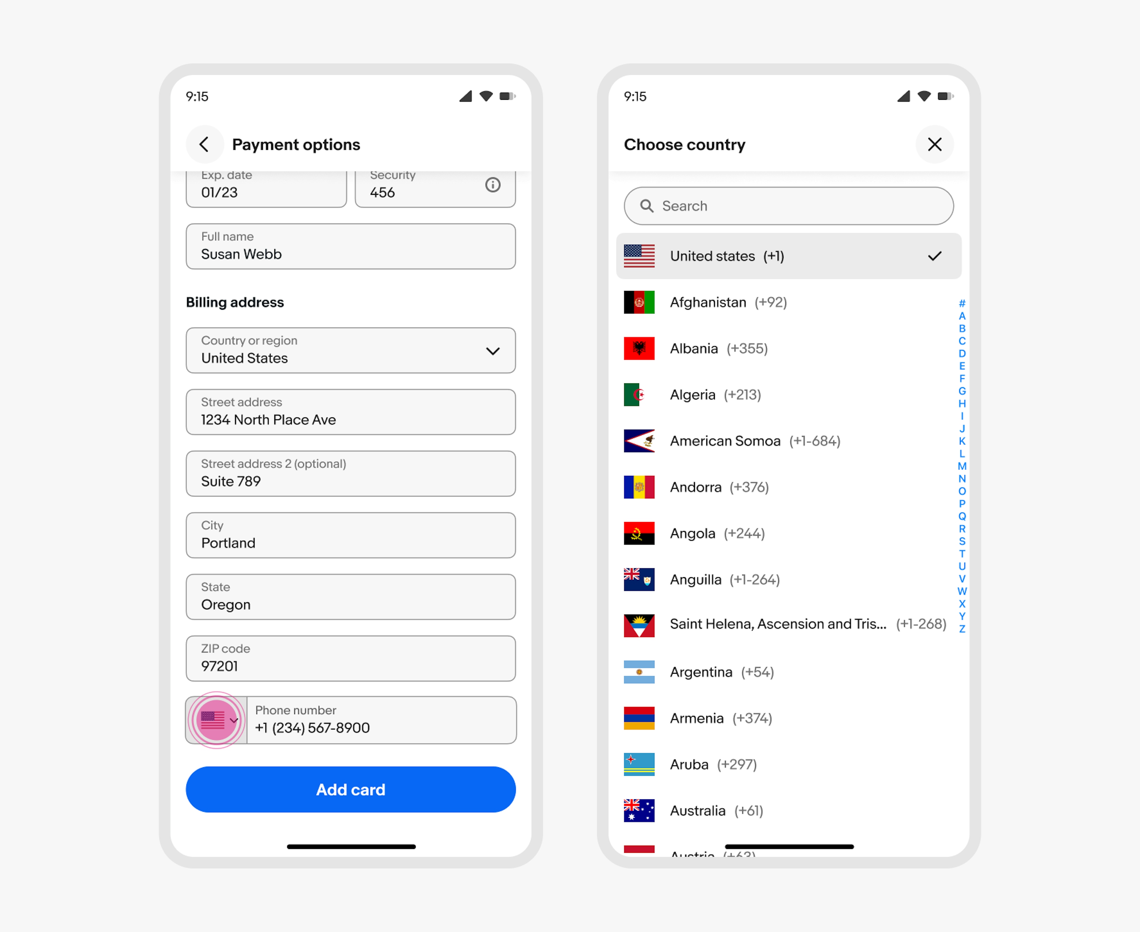 Two mobile phone screens; a Payment options screen is shown on the eBay app, with an interaction indicator placed over the flag dropdown in the phone number field. A line connects the interaction indicator to the second screen, which shows a fullscreen overlay with a list of countries and country codes, with a search option on top.