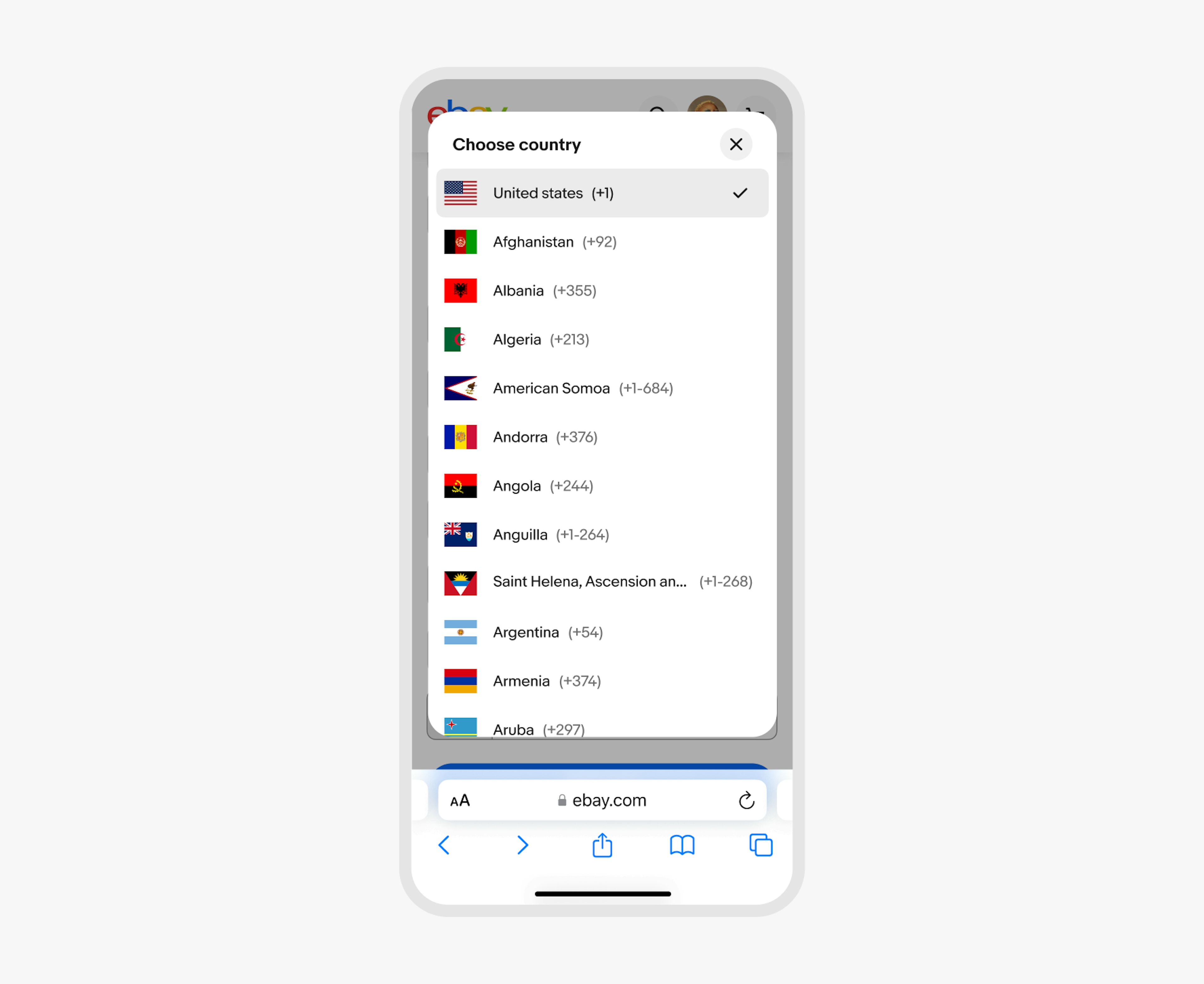 A large dialogue sheet is featured on the eBay mobile web screen, listing countries with their country codes.