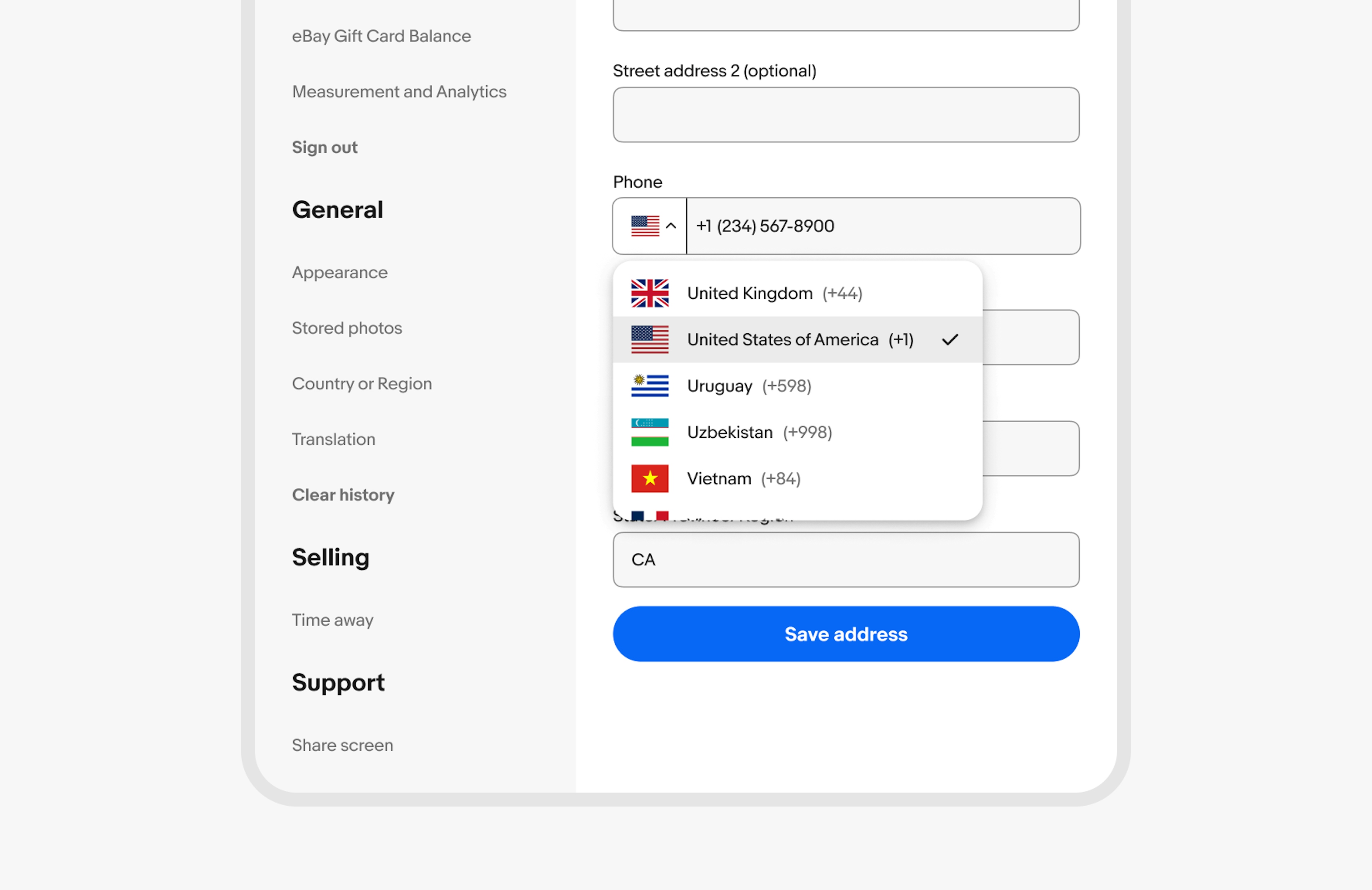 On a larger eBay Account screen, a dropdown is featured under a phone number field listing countries and their country codes. 