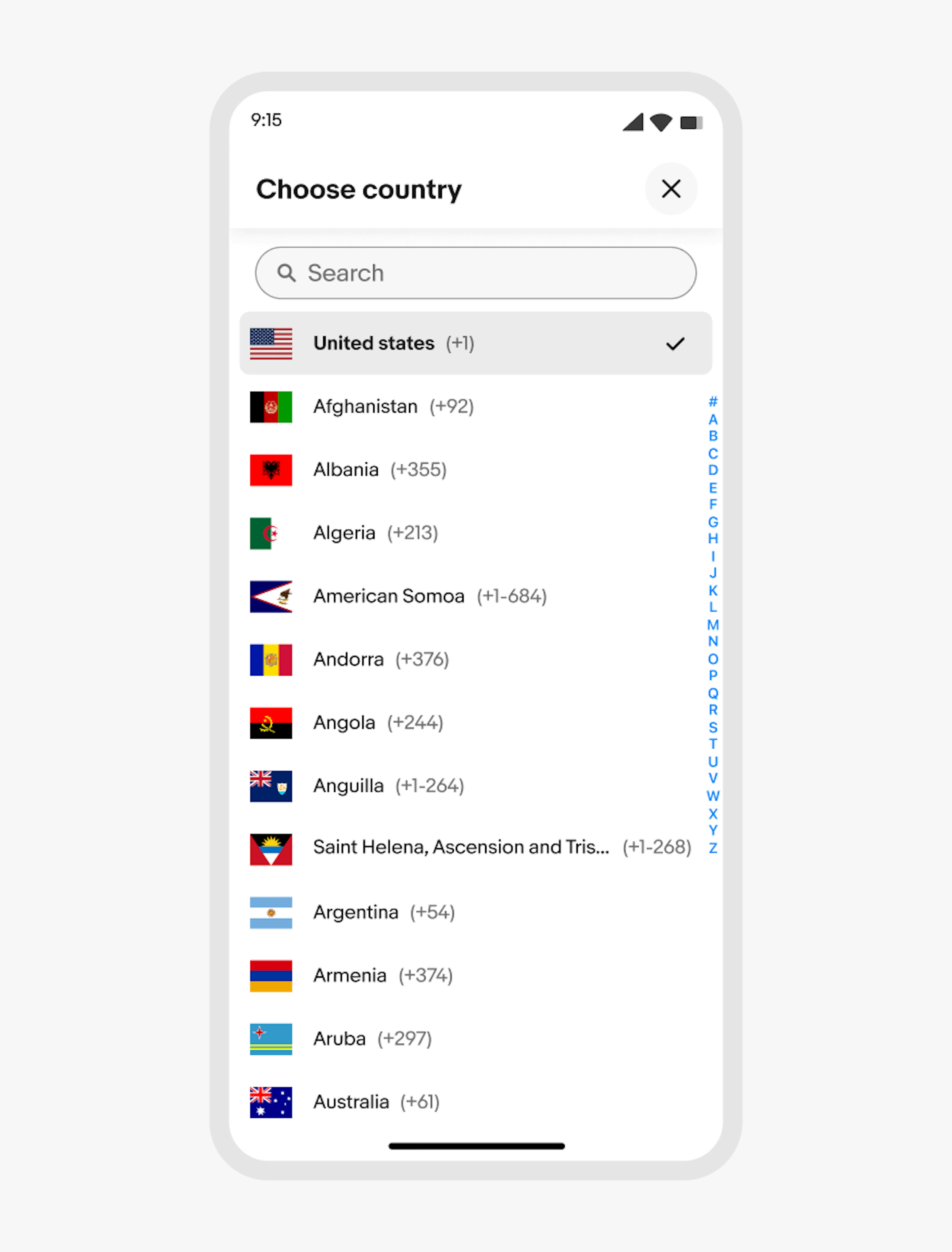 A fullscreen overlay with a list of countries and country codes is shown on the eBay mobile app.