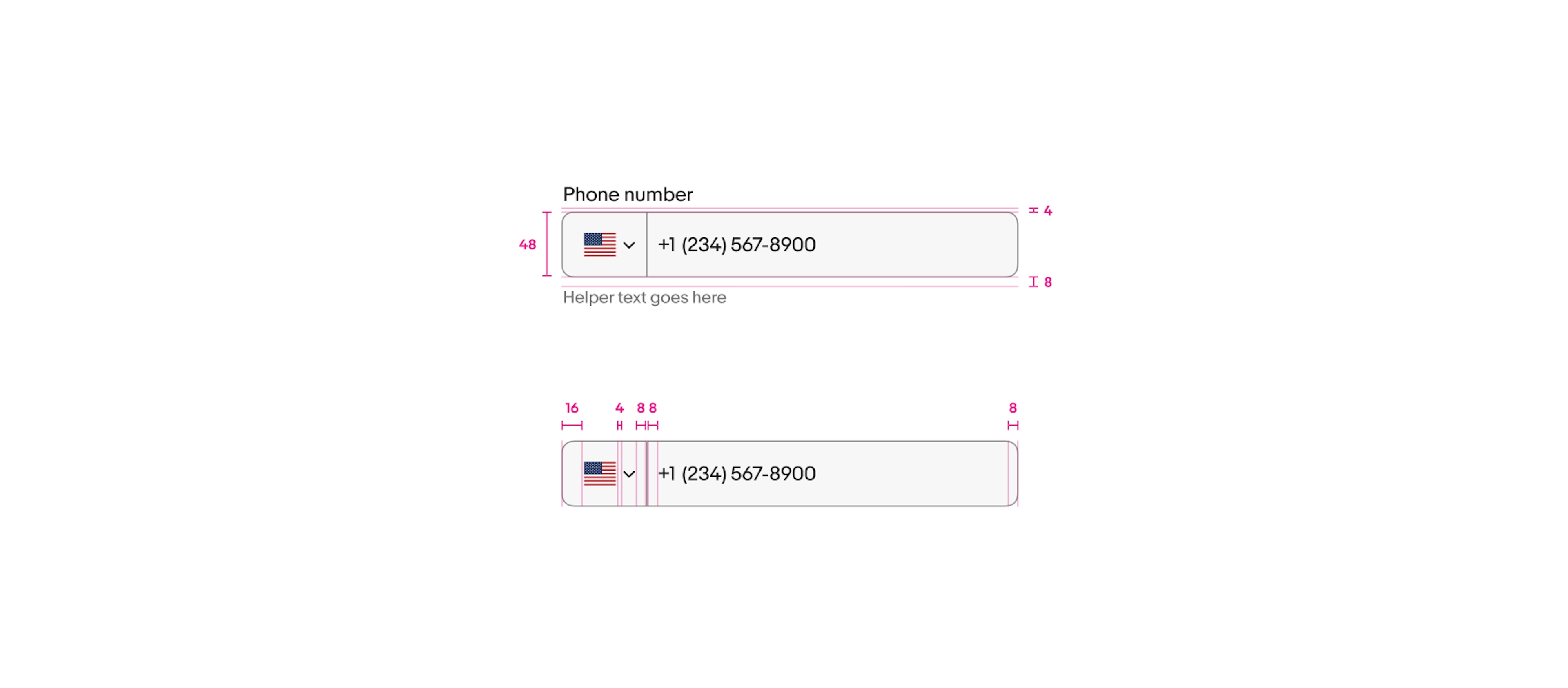 Phone number field specs are shown. The height of the field container is 48px, the space between the label and field container is 4px, the space between the field container and helper text is 8px, the padding inside of the right side of the field container is 16px, the padding on the right of the country selector is 8px, and the padding on the left and right of the value field is 8px.