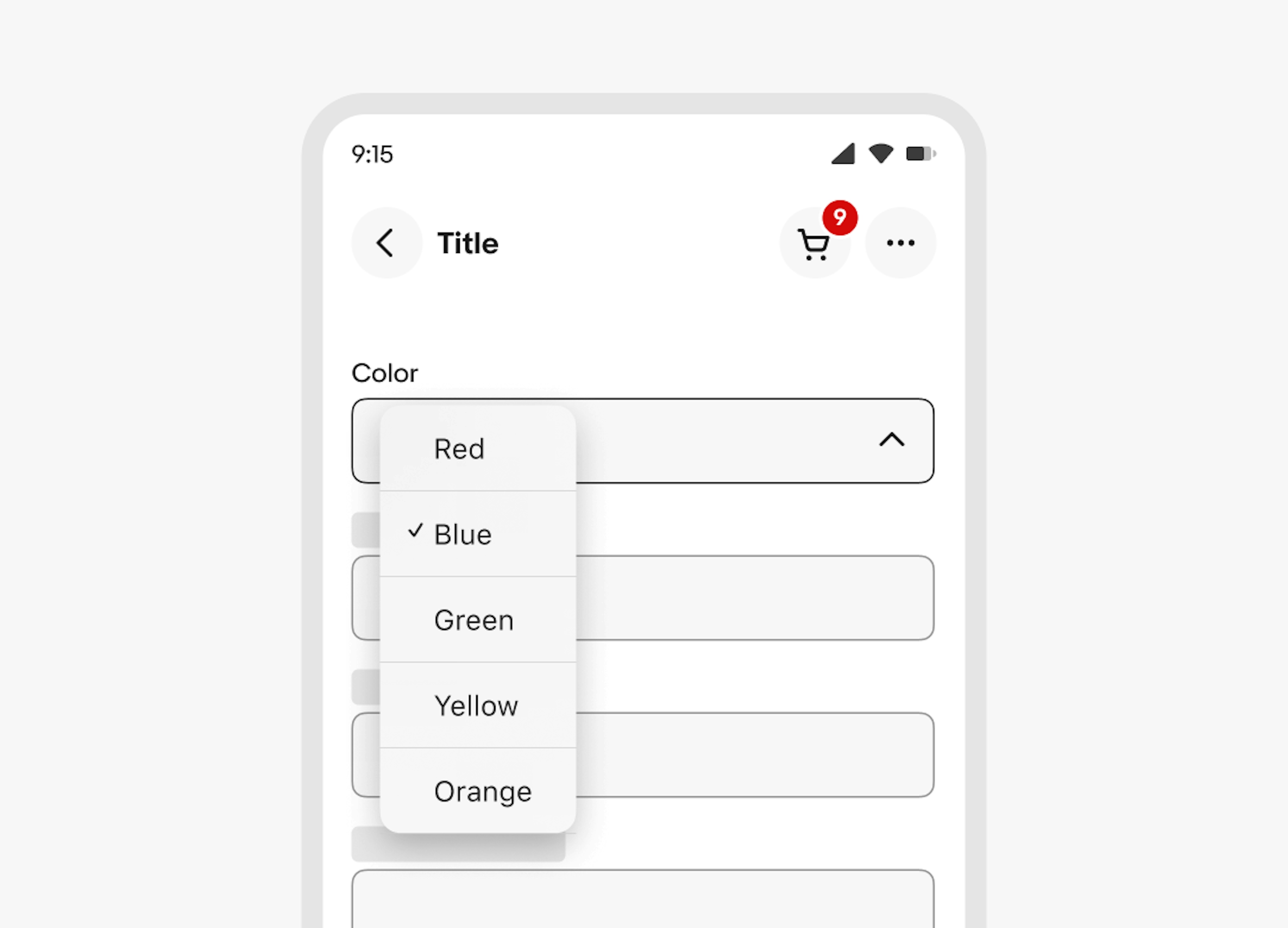 A Color select list with 5 option values on the eBay mobile app.