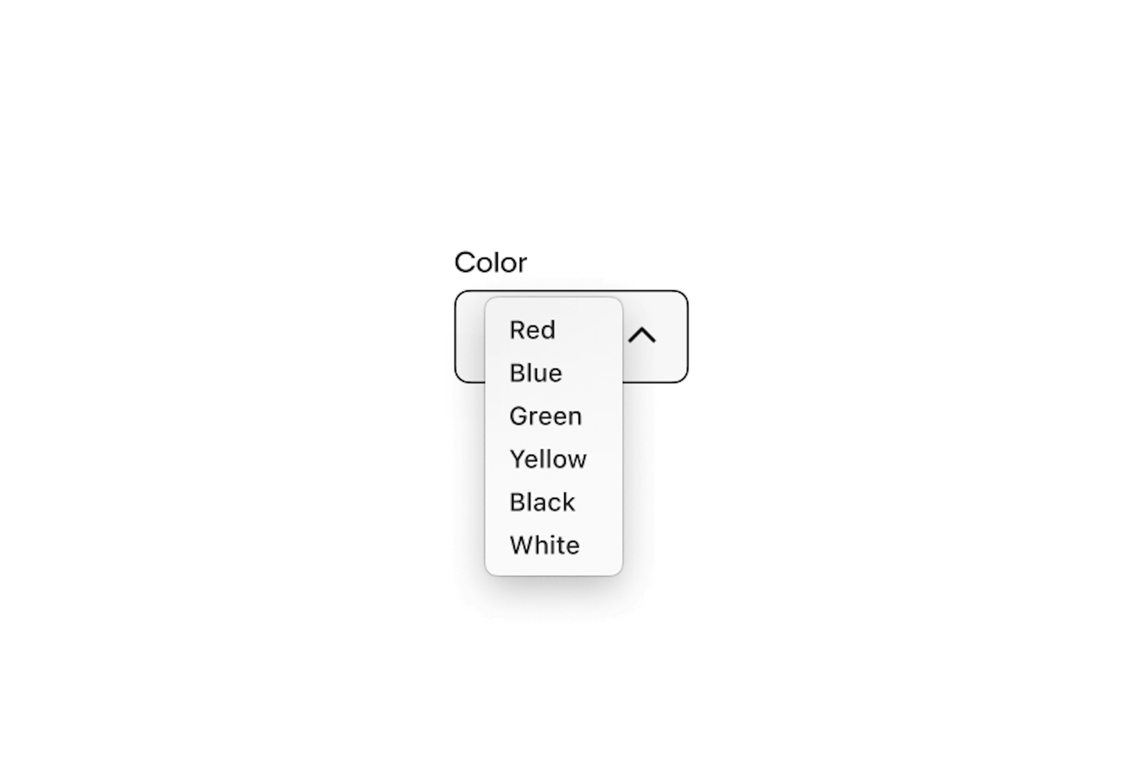 A Color type select list with 6 option values: Red, Blue, Green, Yellow, Black, and White.