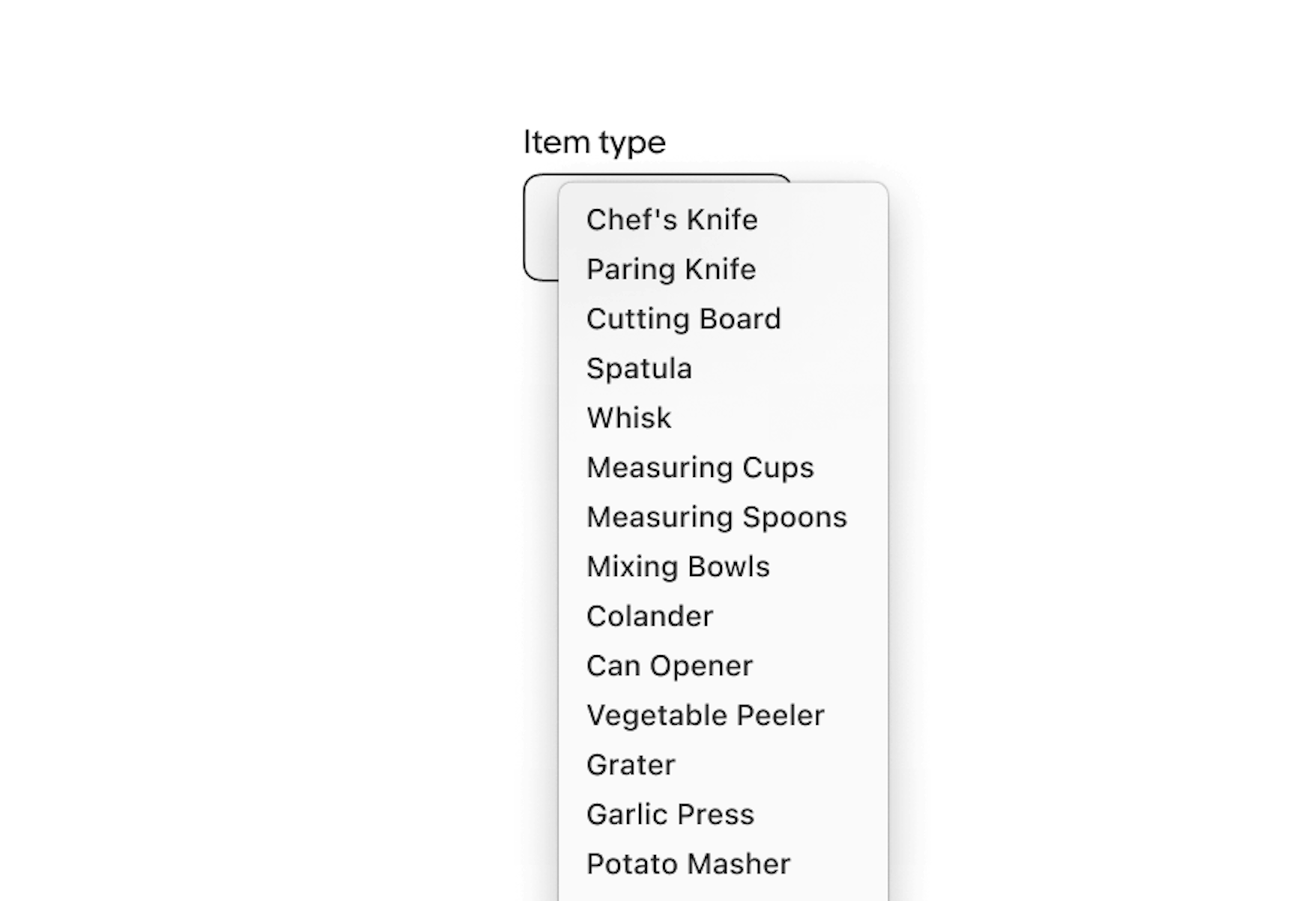 An Item type select list with option values expanding beyond the bottom edge of this image.