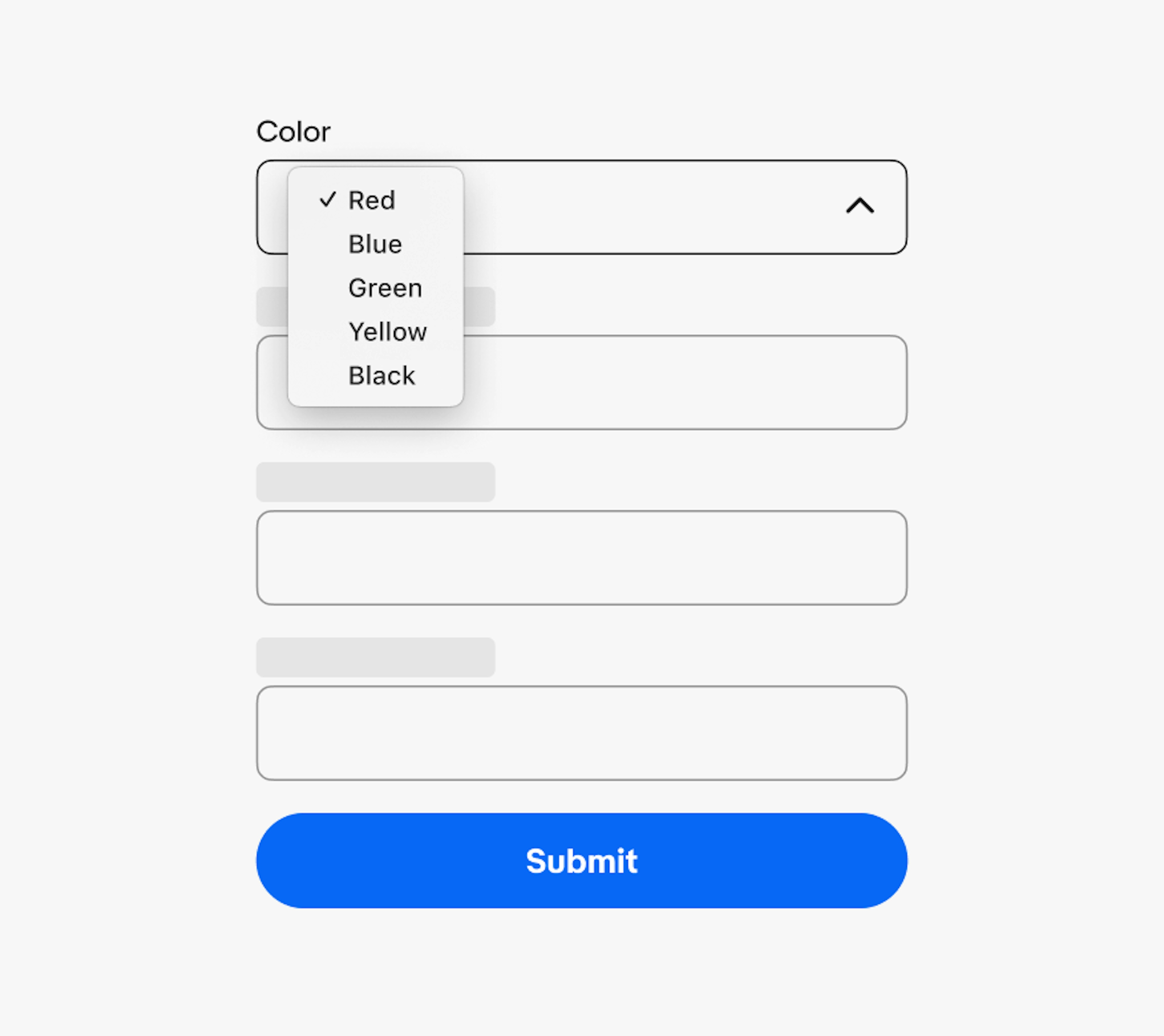 A Color select list sits in a form layout with 3 other containers and a CTA button.