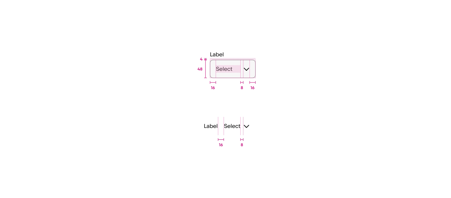 A select list with a container and a borderless select list is shown with specs highlighted. Specs for select list with container: The space between the label and container is 4px, the height of the container is 48px, the padding to the left and right of content inside of the container is 16px, and the padding between the value and the disclosure indicator is 8px. Specs for borderless select list: Padding between the label and value is 16px, and the padding between the value and disclosure indicator is 8px.